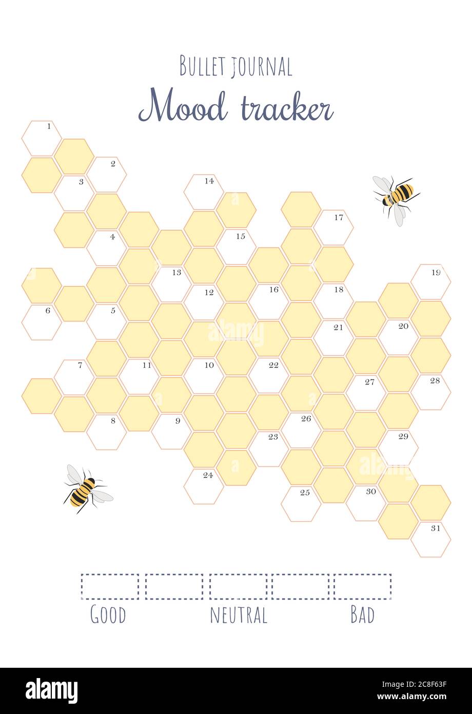 Capteur d'humeur imprimable avec nid d'abeilles coloré et numéroté. Journal à puces prêt à imprimer le modèle de page. Illustration de Vecteur