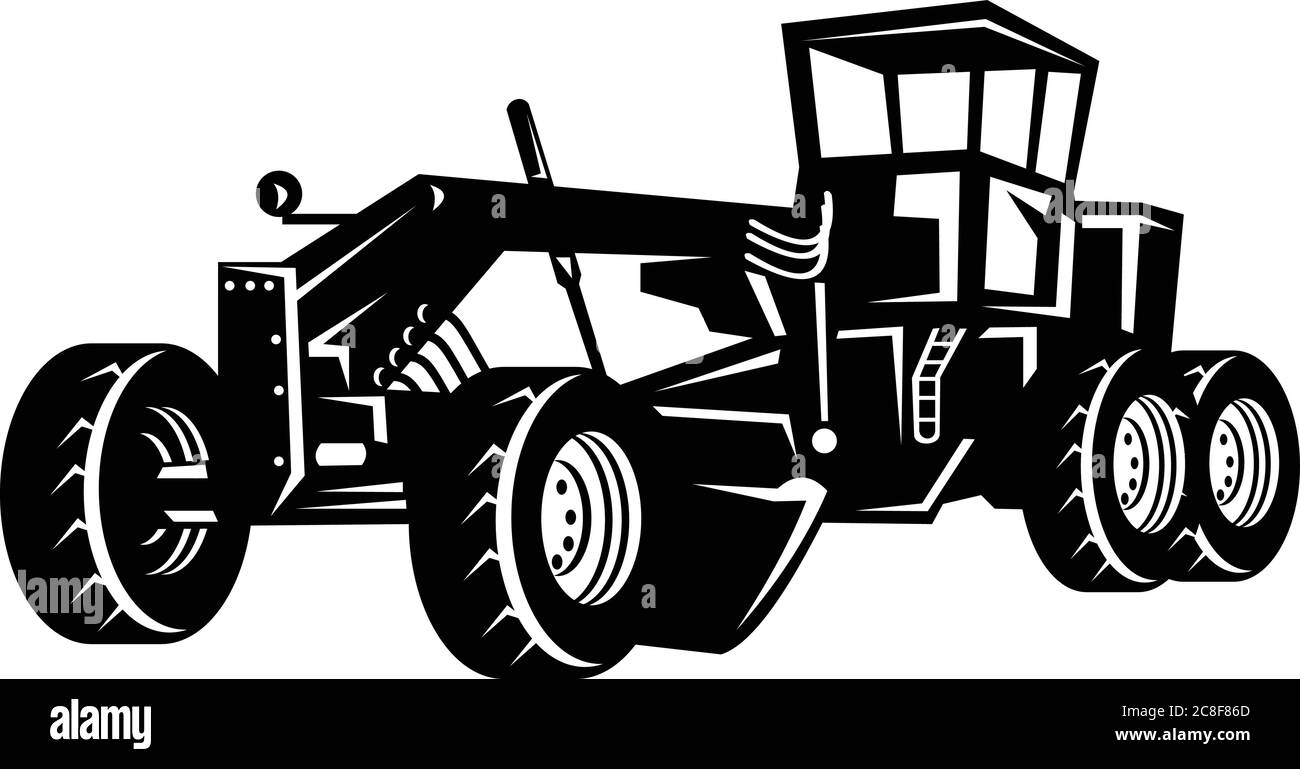 Illustration rétro de style boisés d'une niveleuse ou d'une lame de route d'époque, un équipement lourd avec une longue lame utilisée pour créer une surface plate pendant le GRA Illustration de Vecteur