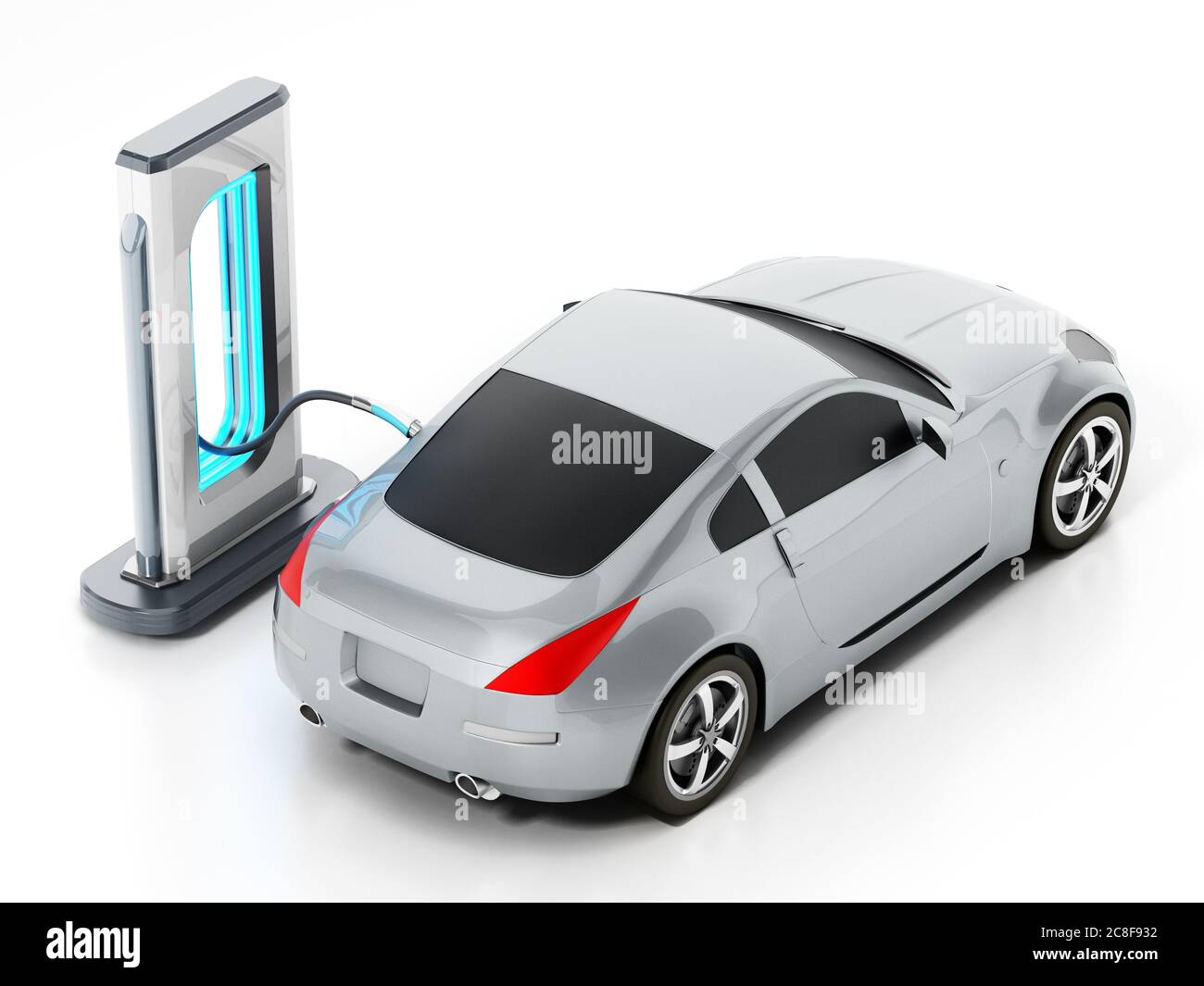 Voiture se tenant près de la station de charge connectée avec un cordon. Illustration 3D. Banque D'Images