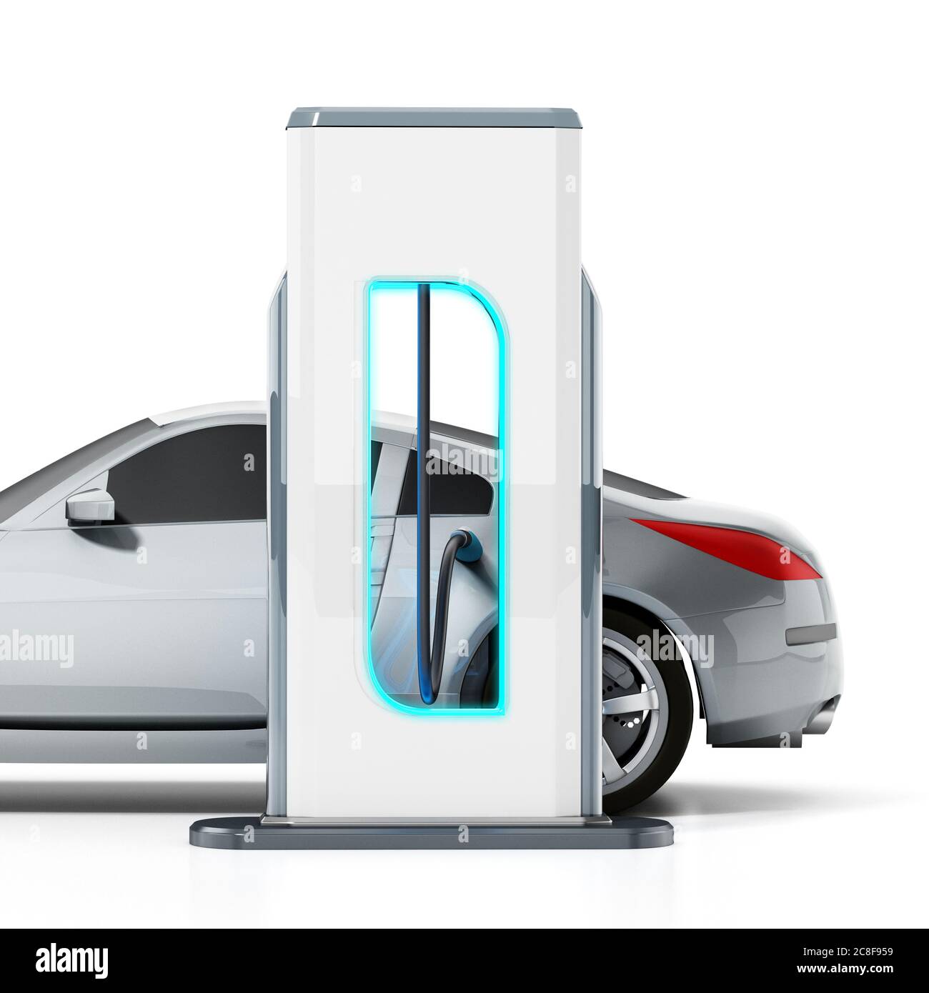 Voiture se tenant près de la station de charge connectée avec un cordon. Illustration 3D. Banque D'Images