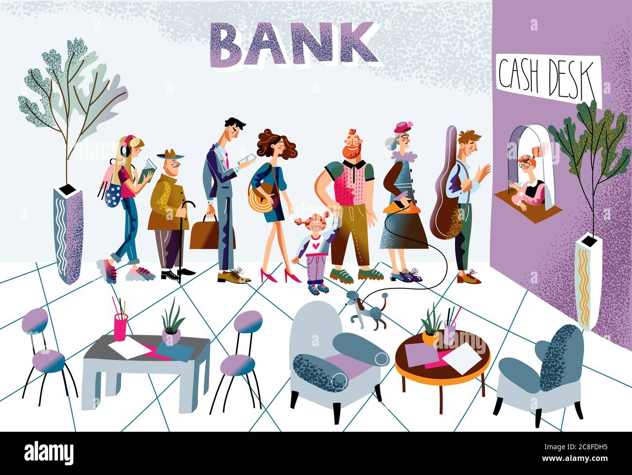 Les personnages vectoriels hommes et femmes font la queue dans la banque Illustration de Vecteur Les personnages vectoriels hommes et femmes font la queue dans la banque Illustration de Vecteur