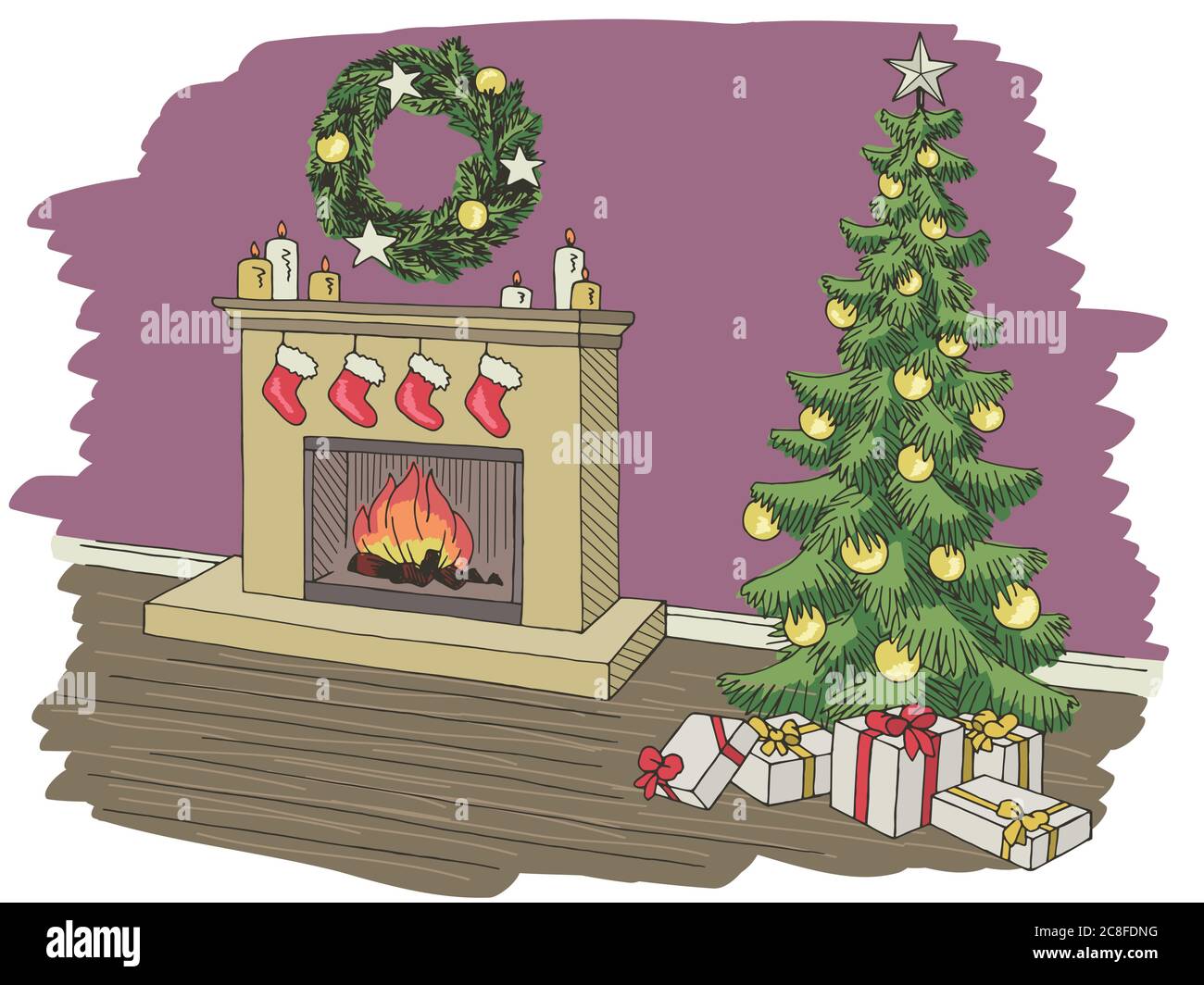 Salon graphique arbre de Noël couleur nouvel an intérieur esquisse illustration vecteur Illustration de Vecteur