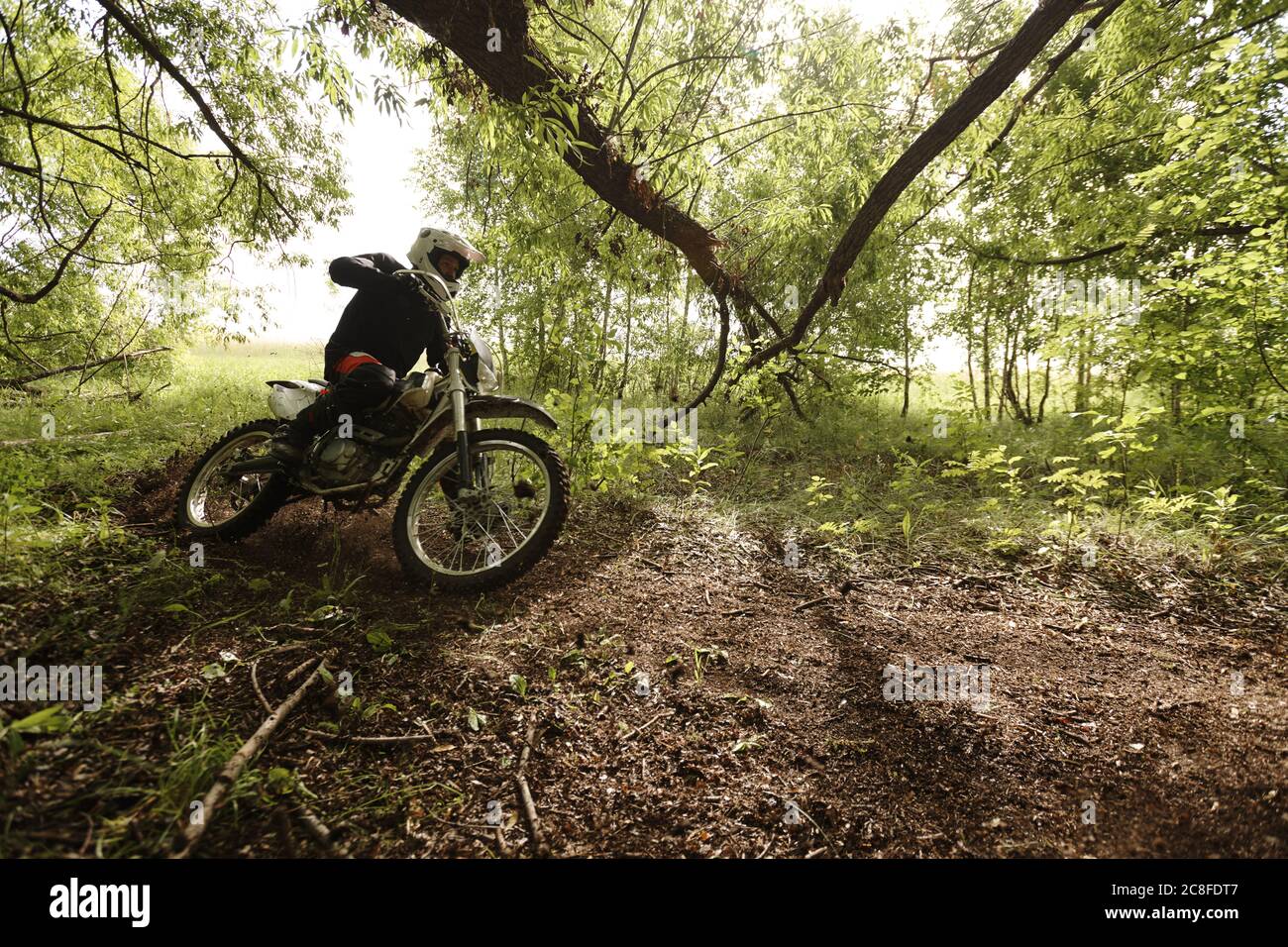 Homme sportif en casque conduisant la moto et s'inclinant à son tour en traversant la route forestière Banque D'Images