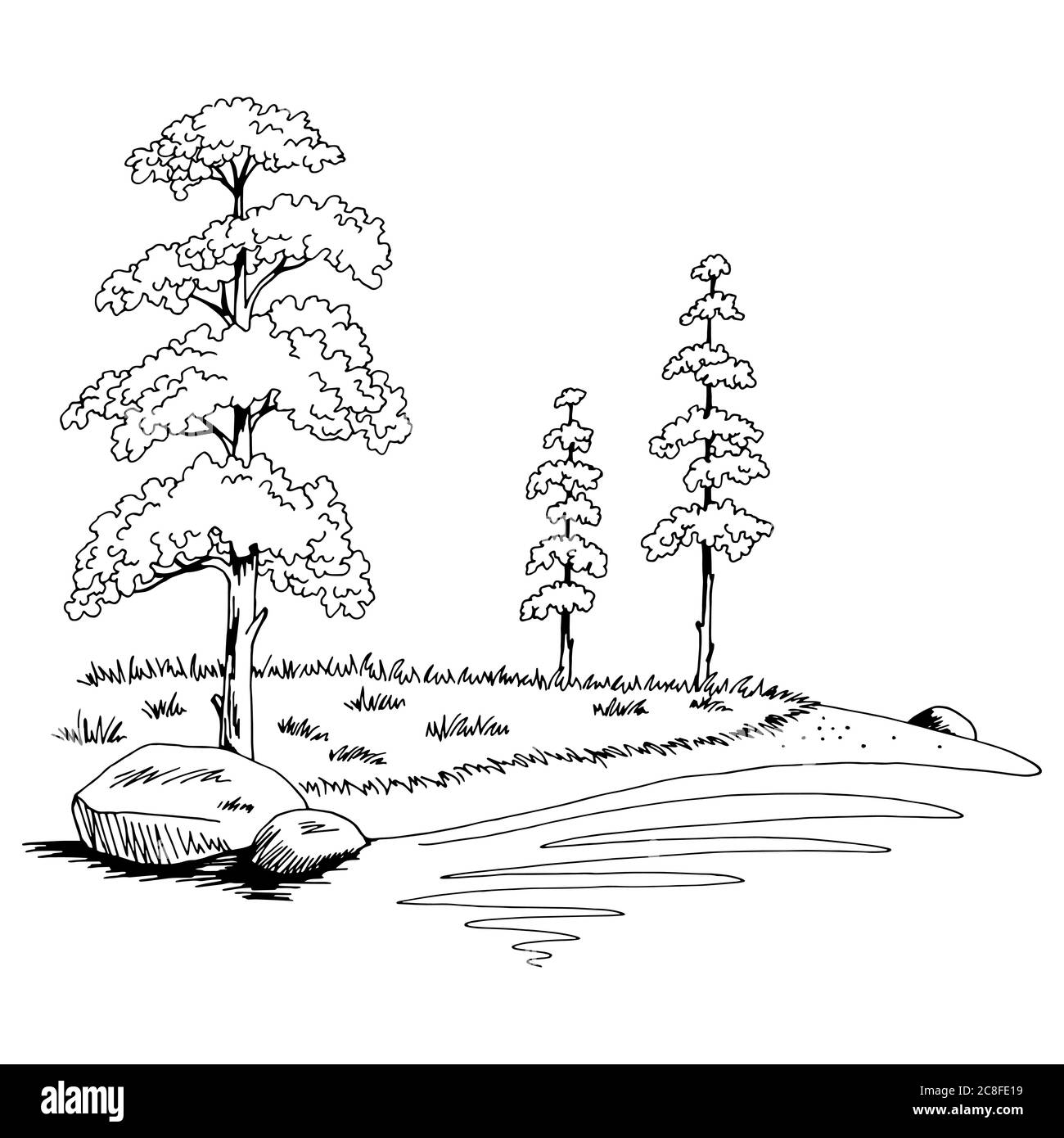 PIN arbre lac côte graphique noir blanc paysage esquisse illustration vecteur Illustration de Vecteur