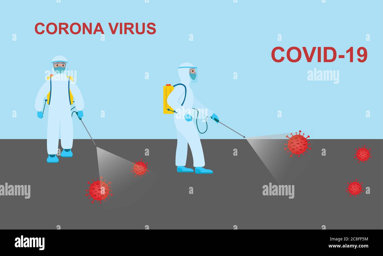 Homme avec machine de pulvérisation de désinfectant, processus de désinfection, prévention du virus Corona Illustration de Vecteur