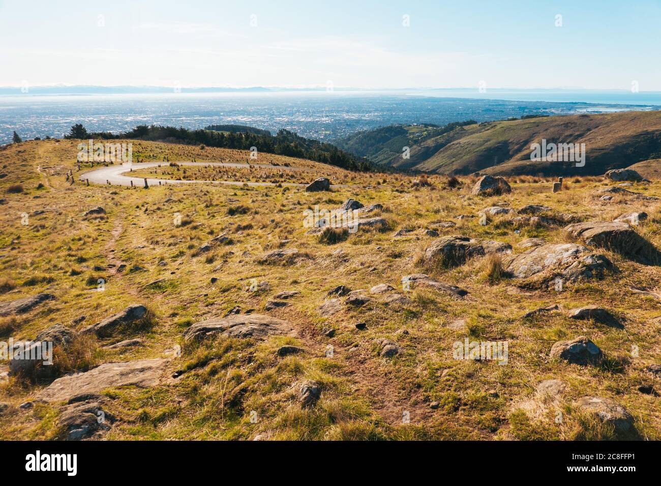 La vue sur la ville de Christchurch, vue depuis la réserve panoramique Thomson, Port Hills, Nouvelle-Zélande Banque D'Images