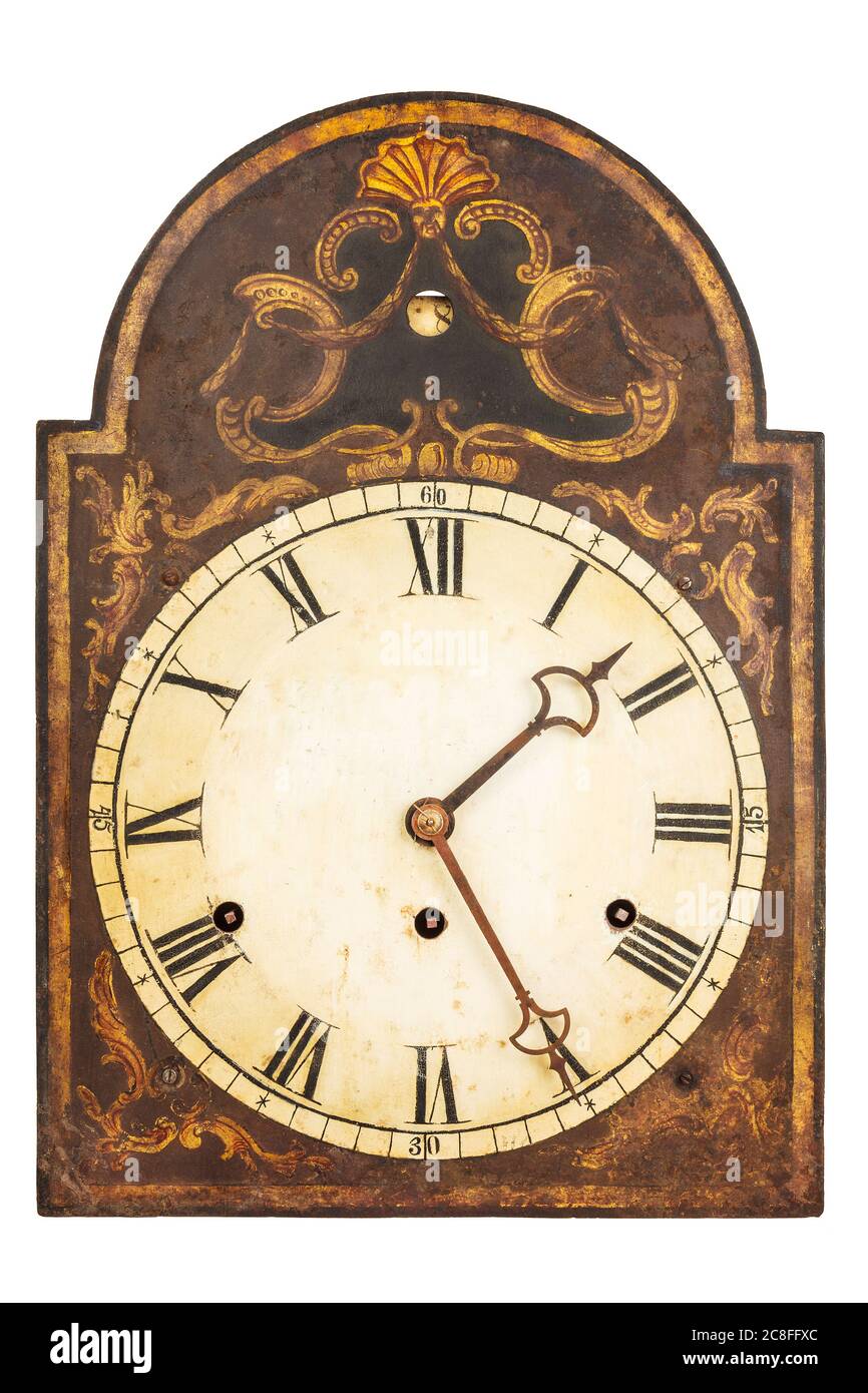 Authentique horloge ornementale du XVIIe siècle isolée sur fond blanc Banque D'Images