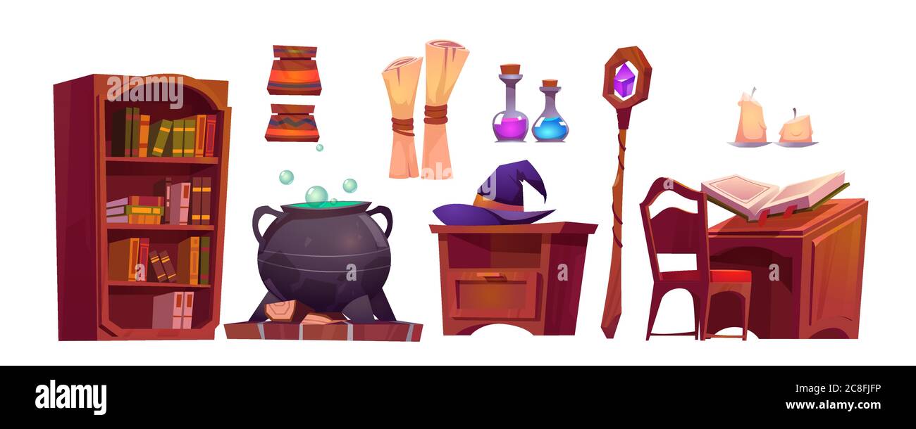 Intérieur de l'école magique avec livre ouvert de sort, rouleau de papier, personnel et chou-fleur avec potion. Ensemble de dessins animés vectoriels de meubles dans la salle de sorcière ou d'assistant, chapeau, bougies, flacons et bibliothèque Illustration de Vecteur
