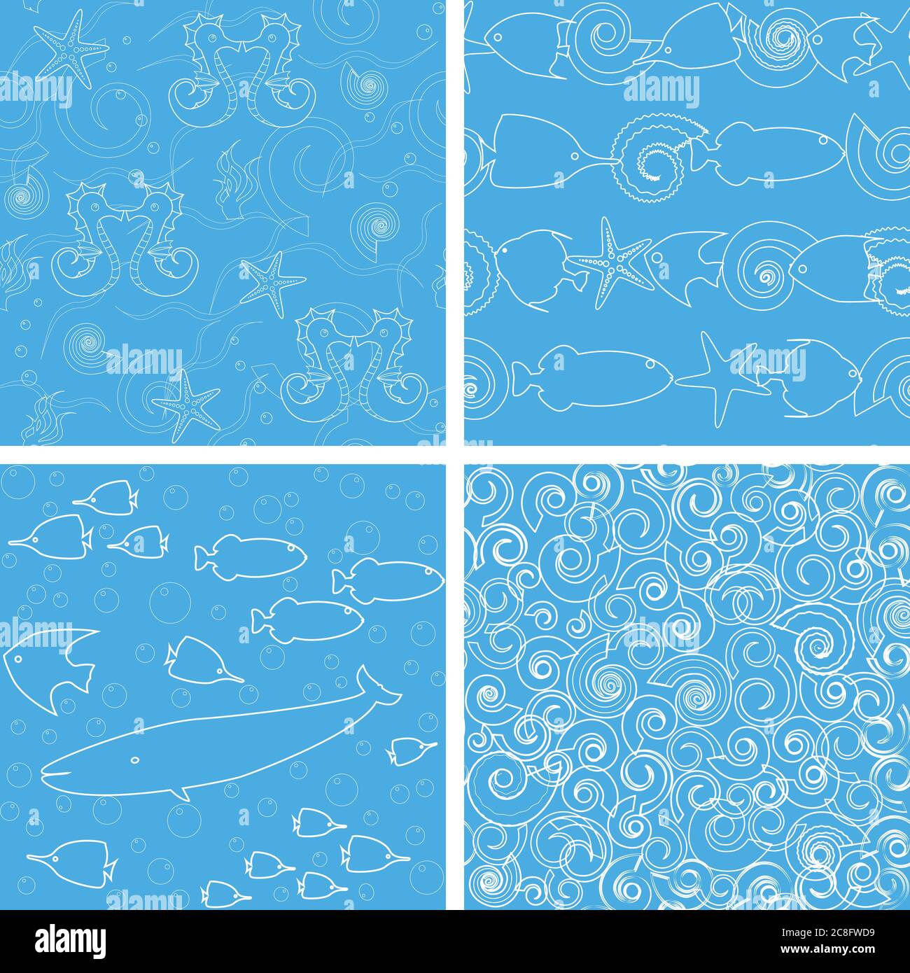 Collection monochrome de motifs sans couture de la vie marine Illustration de Vecteur