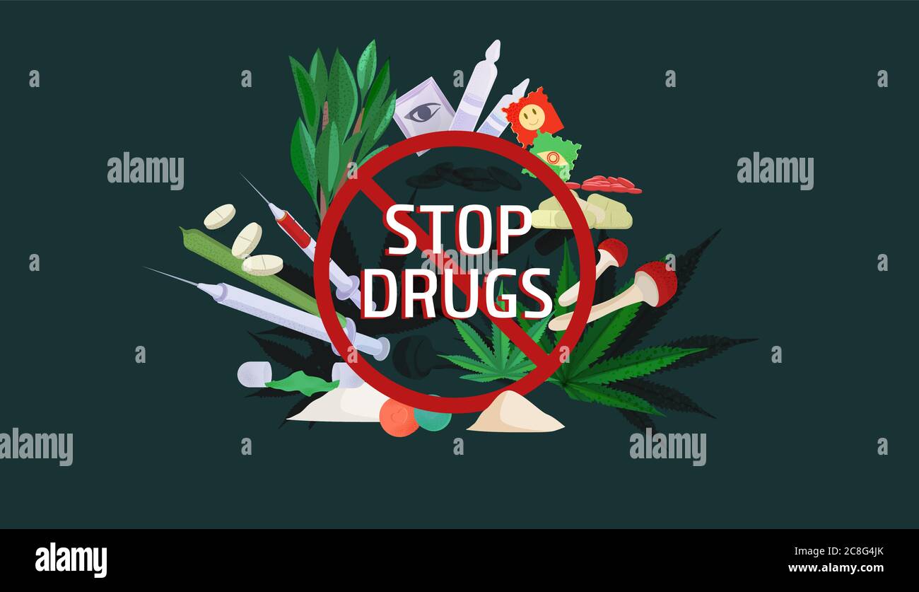 Affiche Stop stupéfiants. Dangers de la consommation de drogues prévention abus de cocaïne amphétamines. Illustration de Vecteur