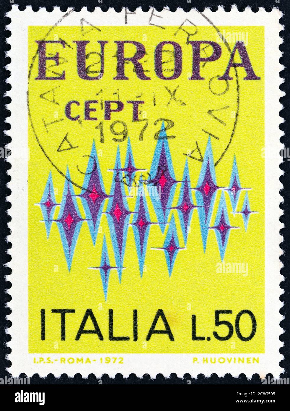 ITALIE - VERS 1972: Un timbre imprimé en Italie du numéro Europa montre des étoiles, vers 1972. Banque D'Images