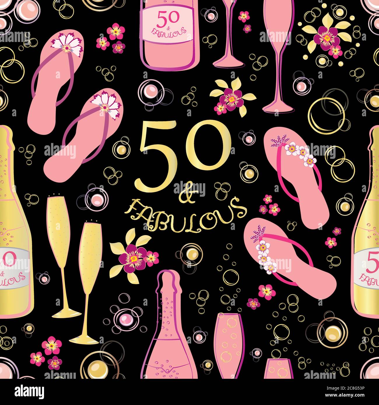 Cinquante et fabuleux fond de motif vectoriel sans couture. Toile de fond rose, or et noir avec texte, chaussures à rabat, bouteilles de champagne, verres à fizing Illustration de Vecteur