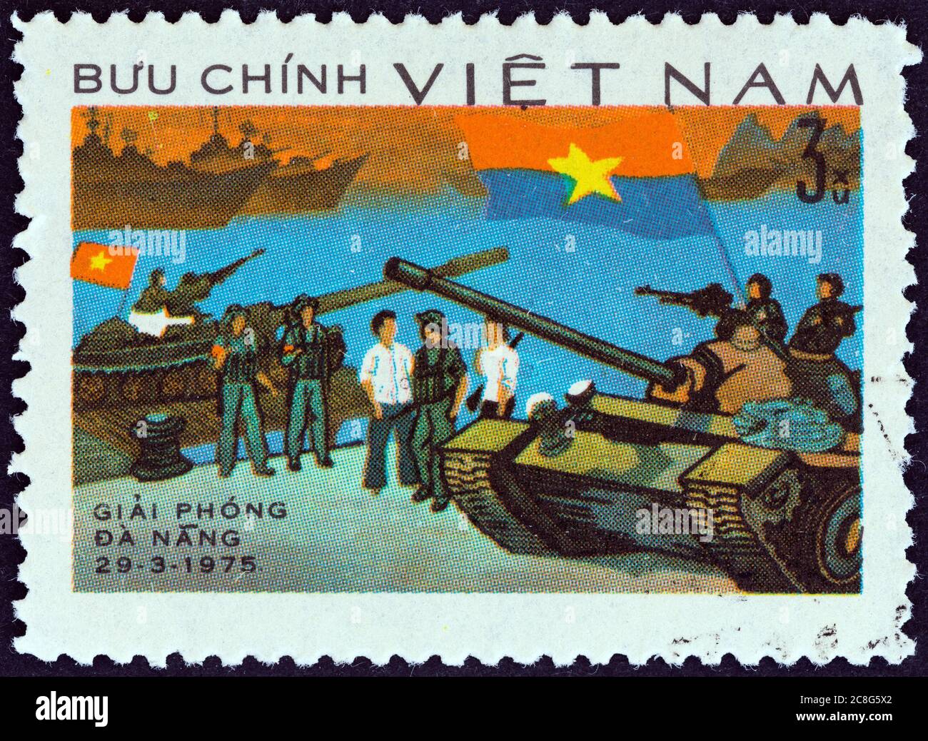 VIETNAM - VERS 1976 : un timbre imprimé au nord du Vietnam à partir du numéro de la libération du sud du Vietnam montre la libération de Da Nang, vers 1976. Banque D'Images