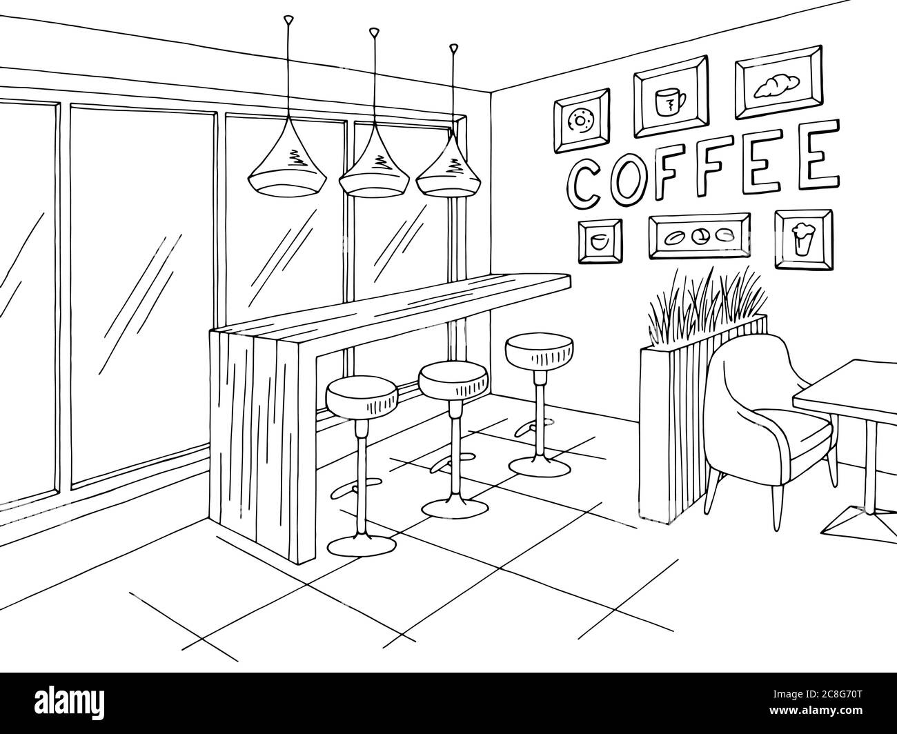 Motif intérieur Cafe noir blanc dessin vectoriel Illustration de Vecteur