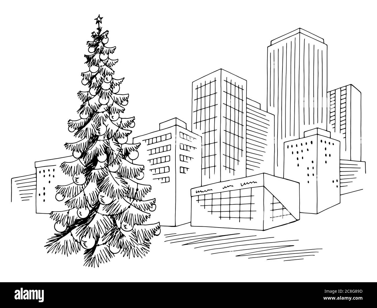 Sapin de Noël ville graphique noir blanc Nouveau an décor esquisse paysage illustration vecteur Illustration de Vecteur