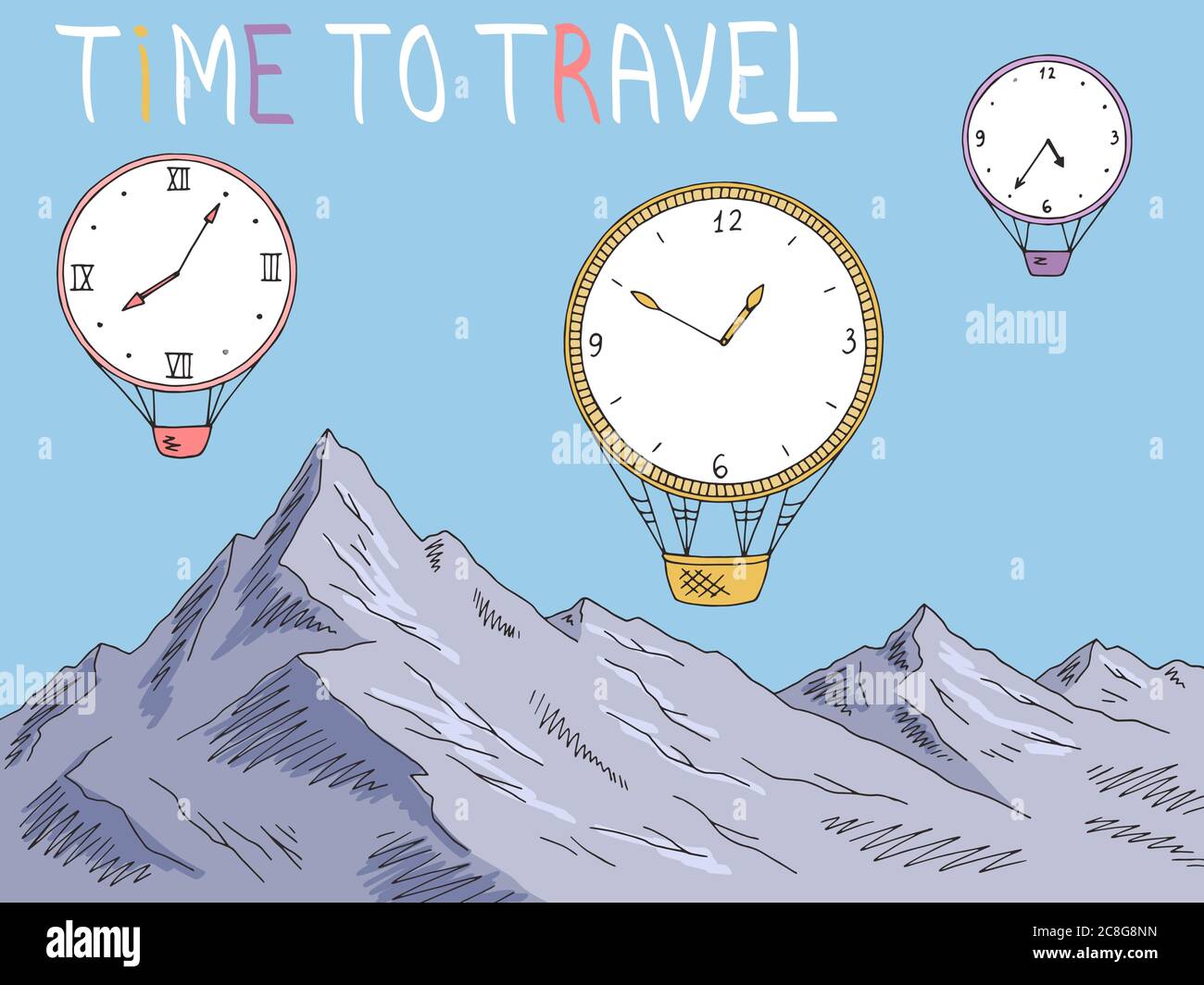 Horloge de montagne temps de voyage air ballon graphique couleur paysage dessin illustration vecteur Illustration de Vecteur