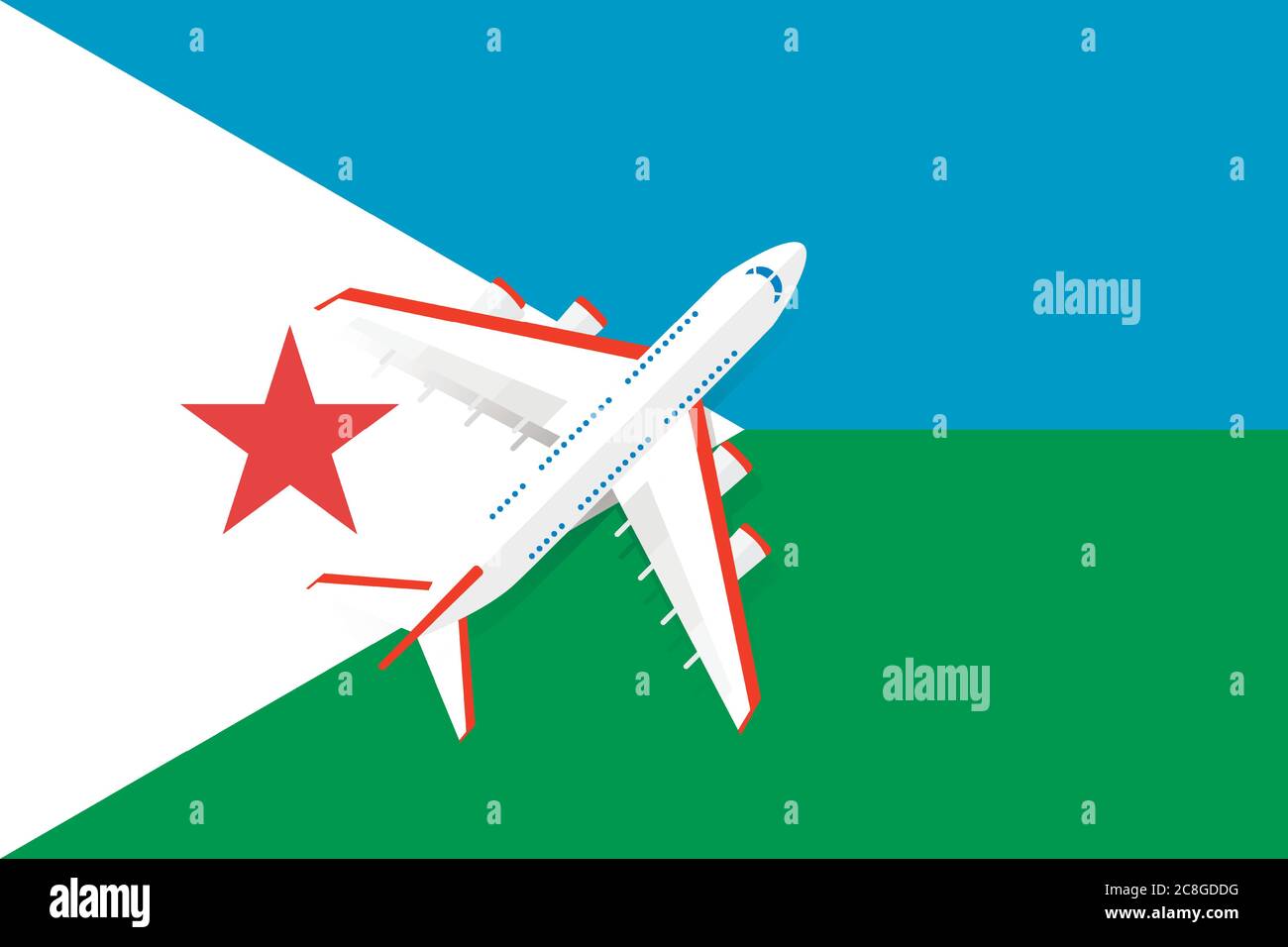 Illustration vectorielle d'un avion de passagers volant au-dessus du drapeau de Djibouti. Concept de tourisme et de voyage Illustration de Vecteur