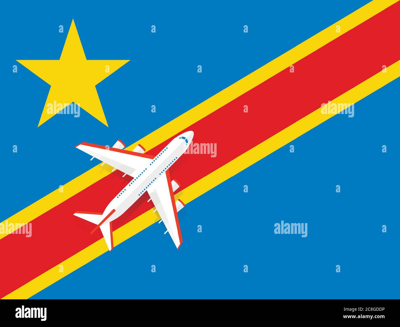 Illustration vectorielle d'un avion de transport de passagers survolant le drapeau de la République démocratique du Congo. Concept de tourisme et de voyage Illustration de Vecteur