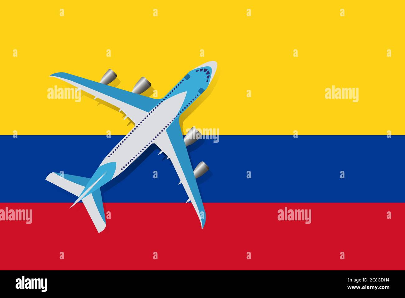 Illustration vectorielle d'un avion de passagers survolant le drapeau de la Colombie. Concept de tourisme et de voyage Illustration de Vecteur