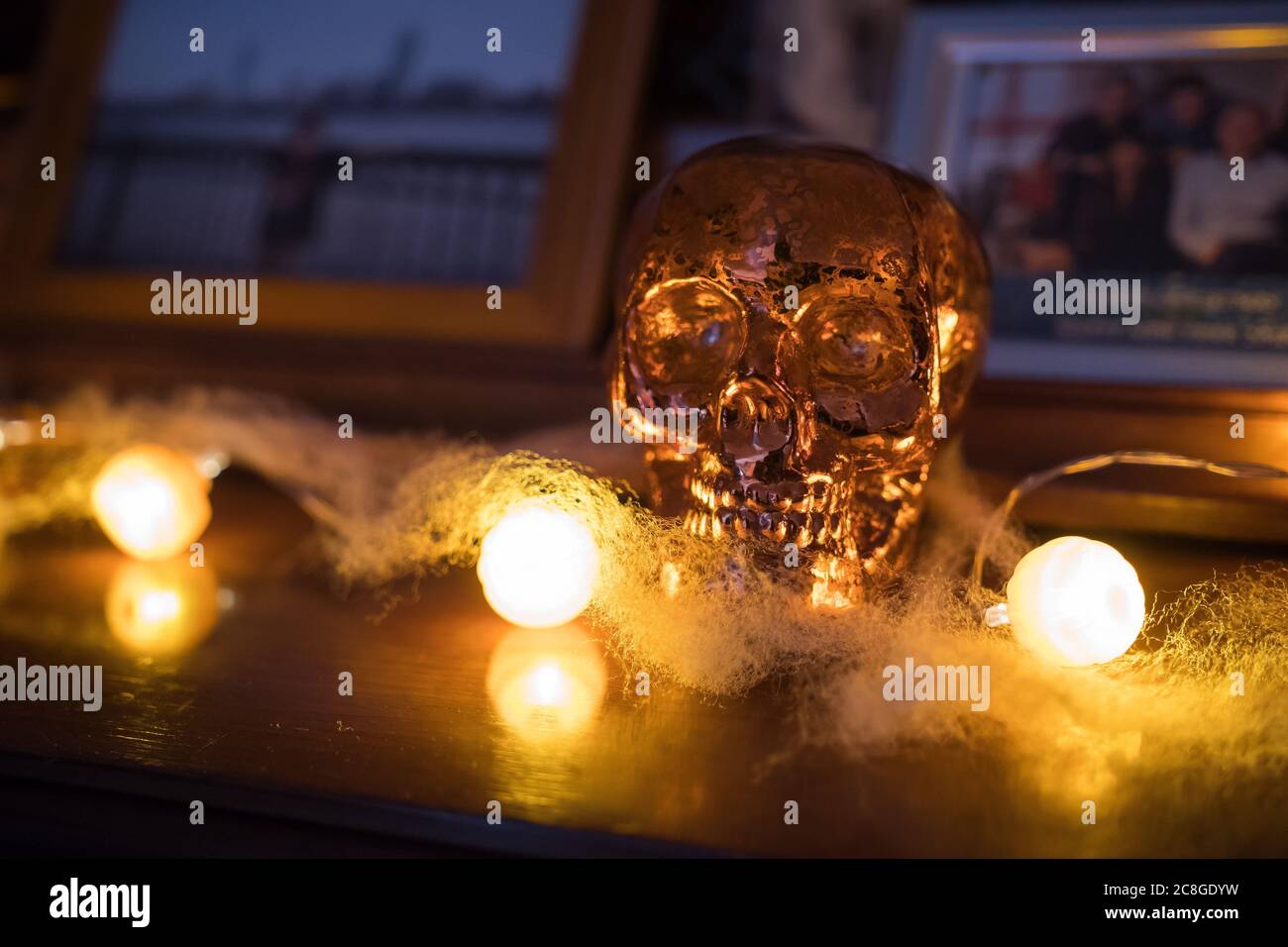 Crâne brillant original sur un mobilier en bois. Belle vue rapprochée de cet objet inhabituel entouré de lumières de fée orange. Décoration d'halloween effrayante Banque D'Images Crâne brillant original sur un mobilier en bois. Belle vue rapprochée de cet objet inhabituel entouré de lumières de fée orange. Décoration d'halloween effrayante Banque D'Images