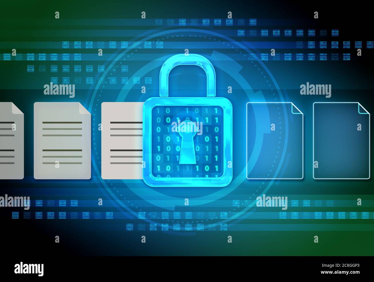 Certains documents numériques sont cryptés et transmis en toute sécurité. Illustration numérique. Banque D'Images