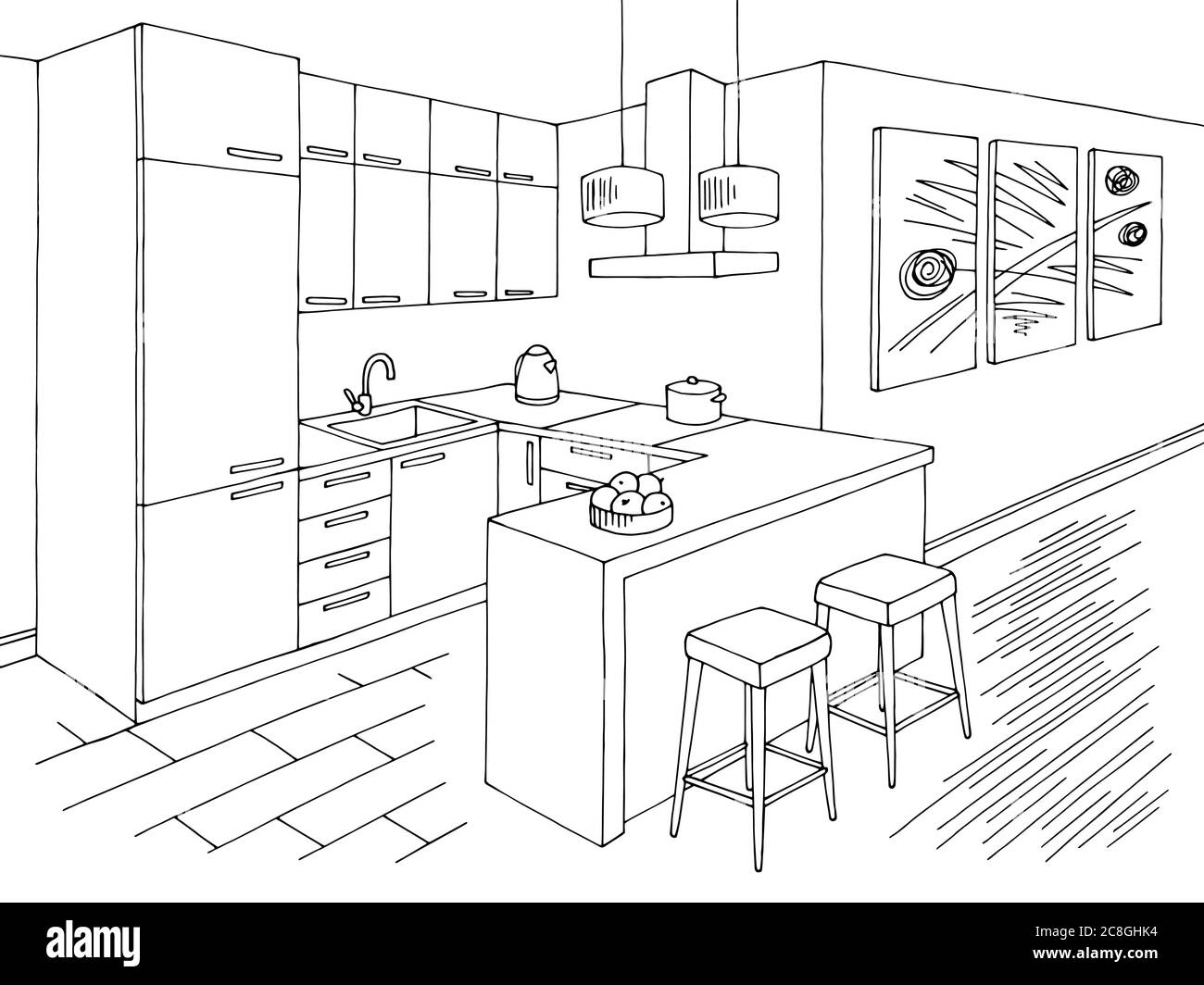 Cuisine pièce graphique noir blanc intérieur dessin illustration vecteur Illustration de Vecteur