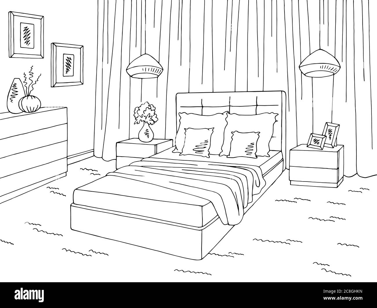 Chambre graphique noir blanc intérieur dessin illustration vecteur Illustration de Vecteur