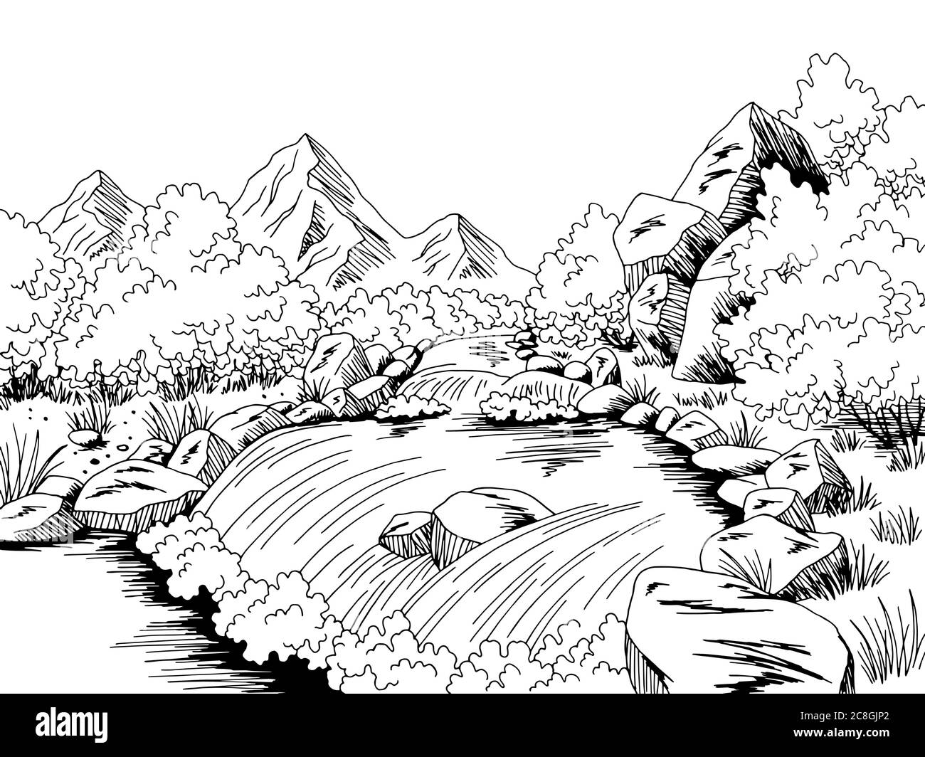 Mountain River graphique noir blanc paysage dessin illustration vecteur Illustration de Vecteur