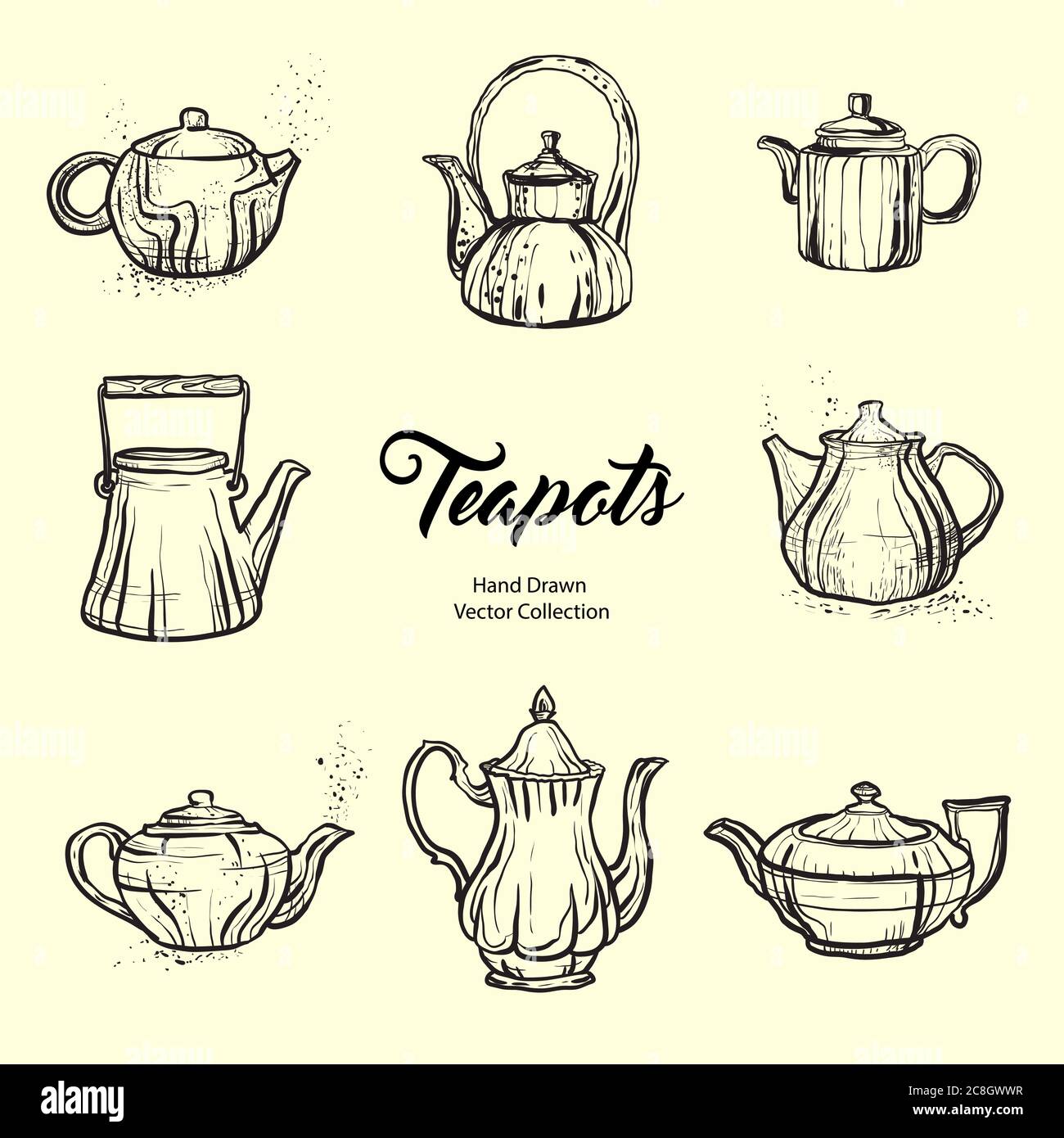 Théière cartouche dencre à dessin manuel style ancien jeu dillustrations.  Bouilloire ligne isolée, illustration pour logo, menu café, bannière Image  Vectorielle Stock - Alamy