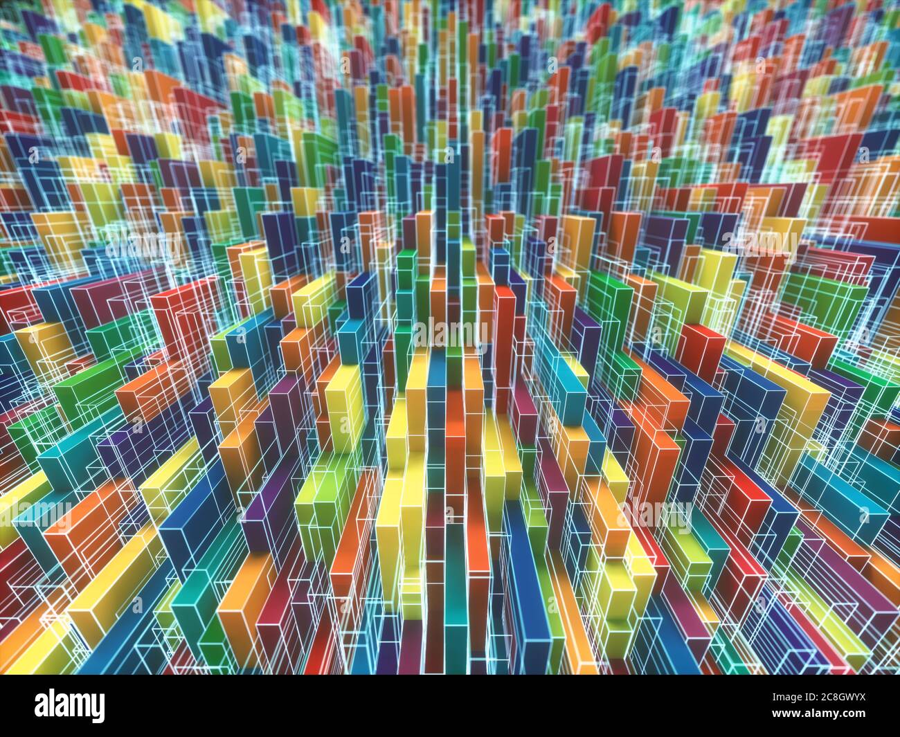 Image d'arrière-plan abstraite et colorée. Formes géométriques et lignes dispersées de façon aléatoire dans le concept de complexité. Illustration 3D. Banque D'Images
