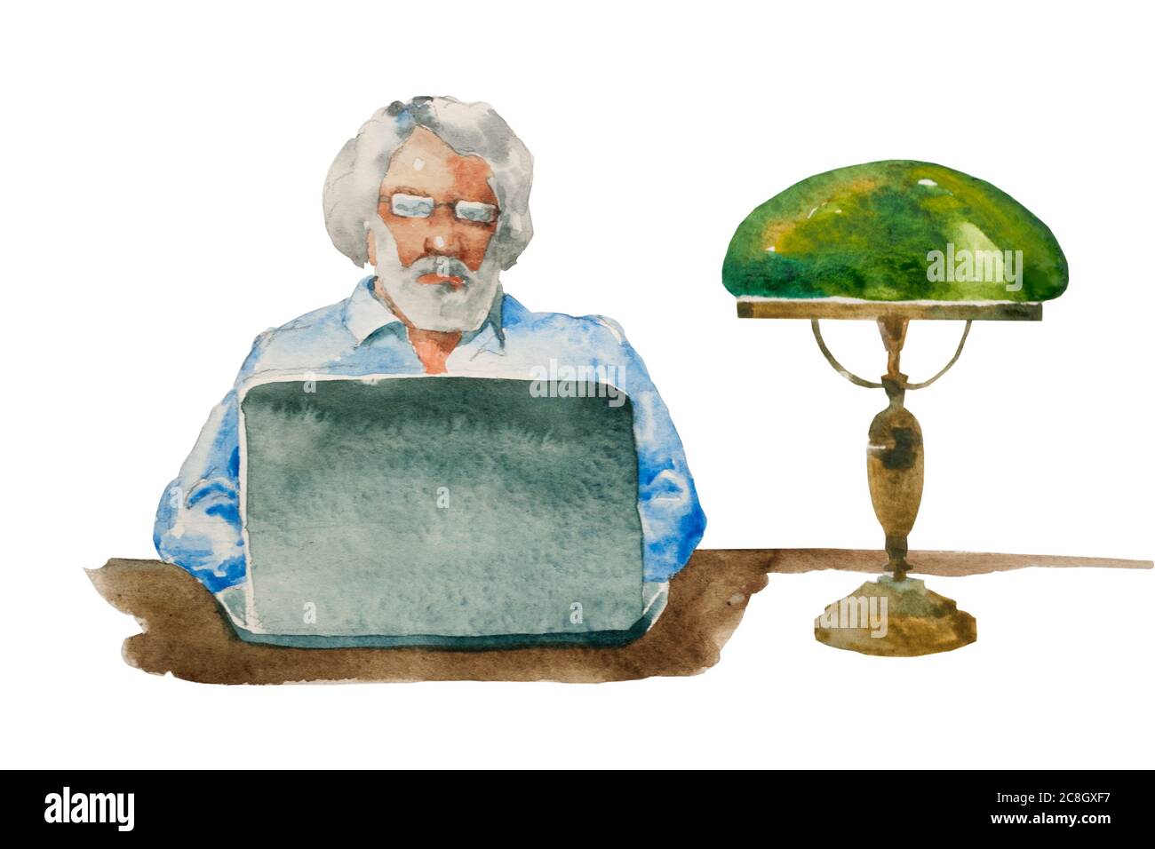 Portrait aquarelle d'un homme barbu senior devant un ordinateur portable, avec une lampe verte antique sur la table. Concept de journaliste ou écrivain pour adultes Banque D'Images