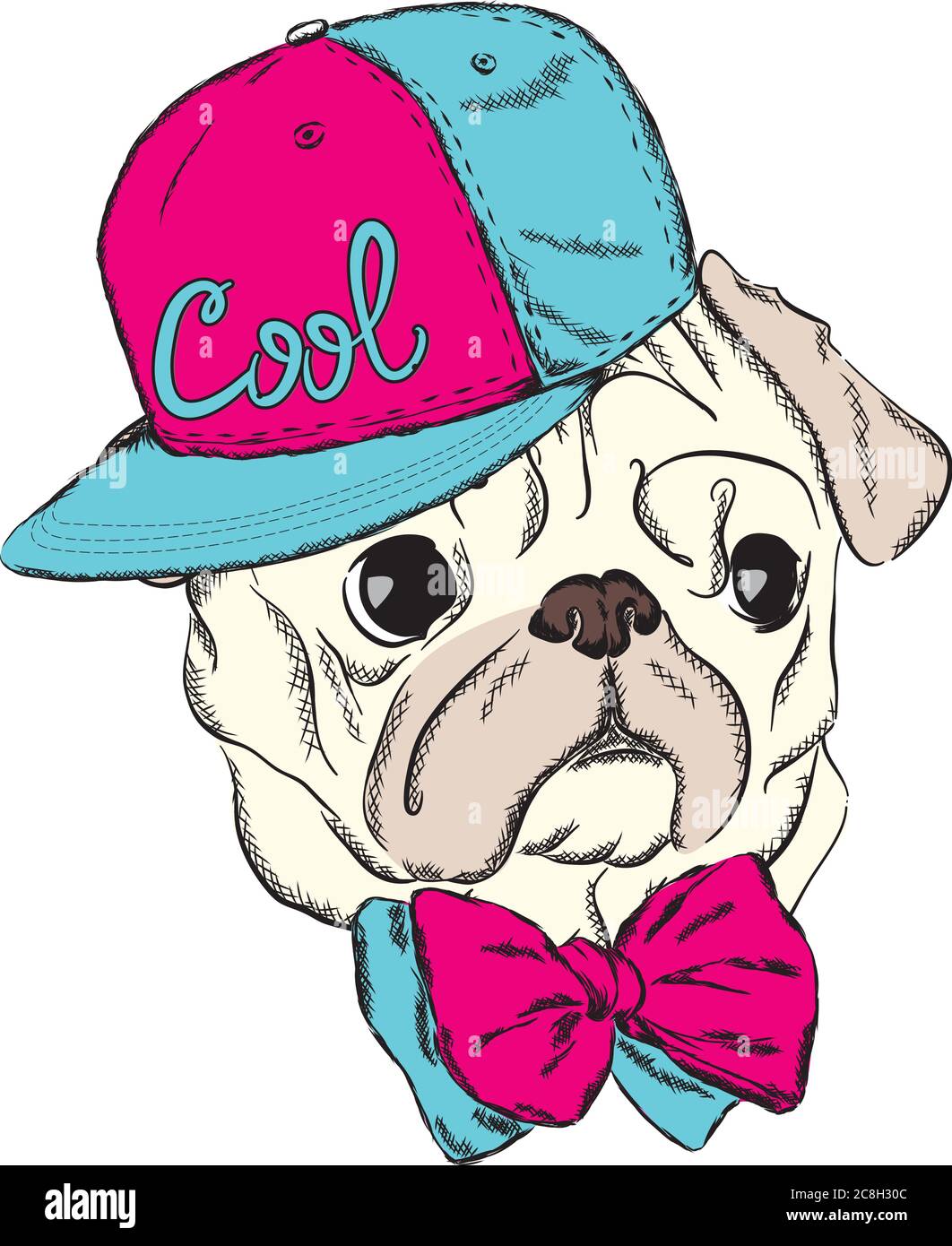 Un beau chien dans un chapeau, des lunettes et une cravate. Illustration vectorielle pour une carte postale ou une affiche, impression pour vêtements. Chiot de race pure. Alabaï ou le Berger Illustration de Vecteur