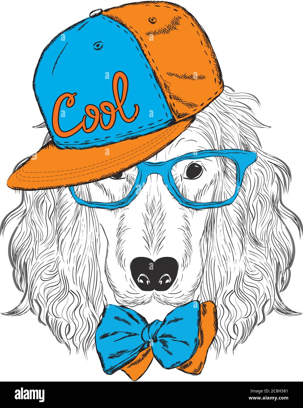 Un beau chien dans un chapeau, des lunettes et une cravate. Illustration vectorielle pour une carte postale ou une affiche, impression pour vêtements. Chiot de race pure. Alabaï ou le Berger Illustration de Vecteur