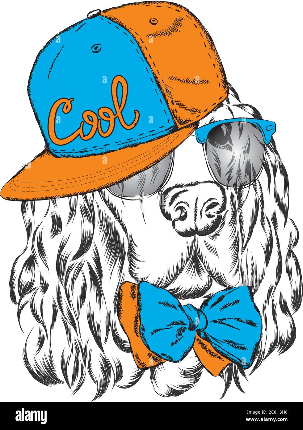 Un beau chien dans un chapeau, des lunettes et une cravate. Illustration vectorielle pour une carte postale ou une affiche, impression pour vêtements. Chiot de race pure. Alabaï ou le Berger Illustration de Vecteur