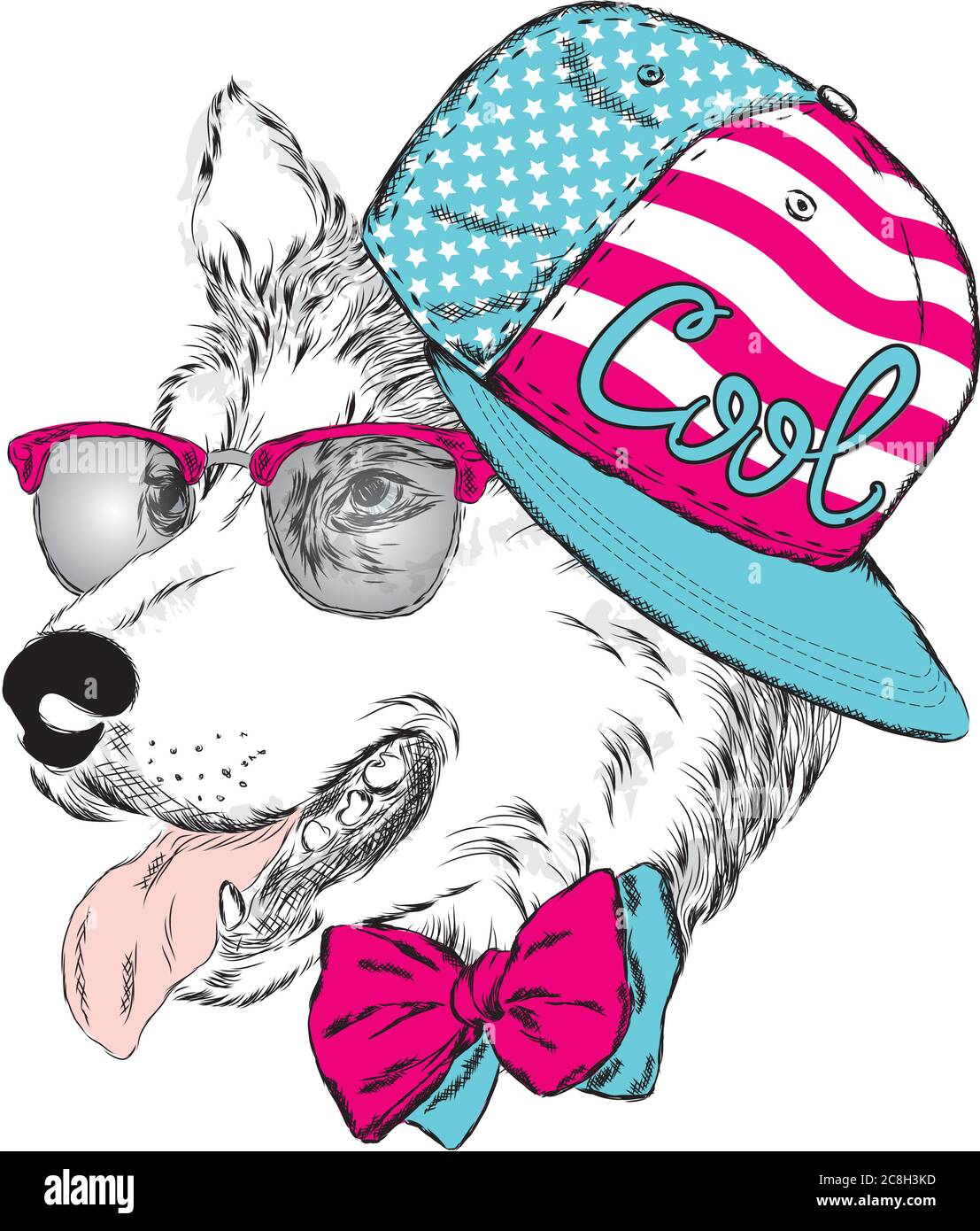 Un beau chien dans un chapeau, des lunettes et une cravate. Illustration vectorielle pour une carte postale ou une affiche, impression pour vêtements. Chiot de race pure. Alabaï ou le Berger Illustration de Vecteur