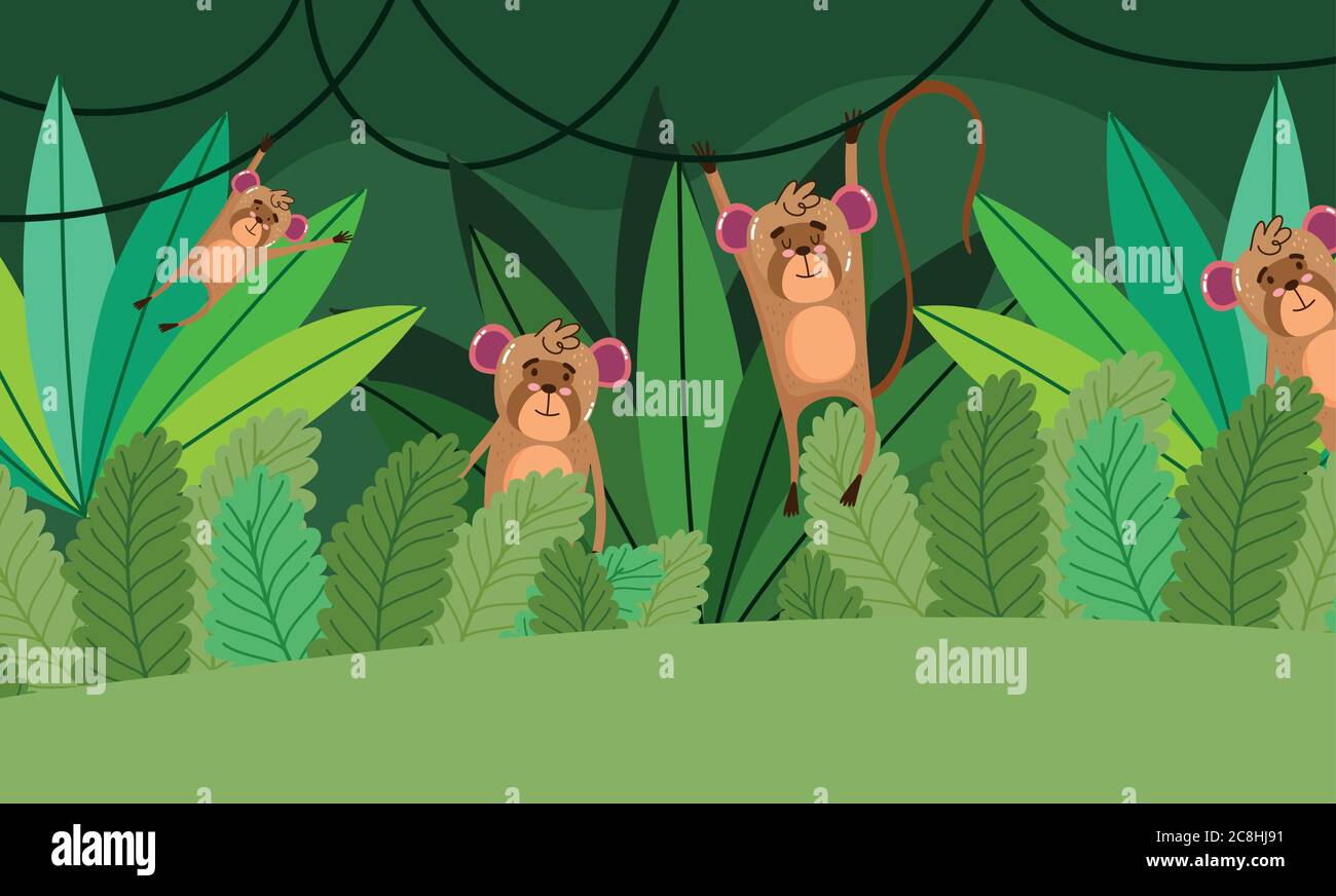 mignon singes arbres herbe forêt nature sauvage dessin animé vecteur illustration Illustration de Vecteur