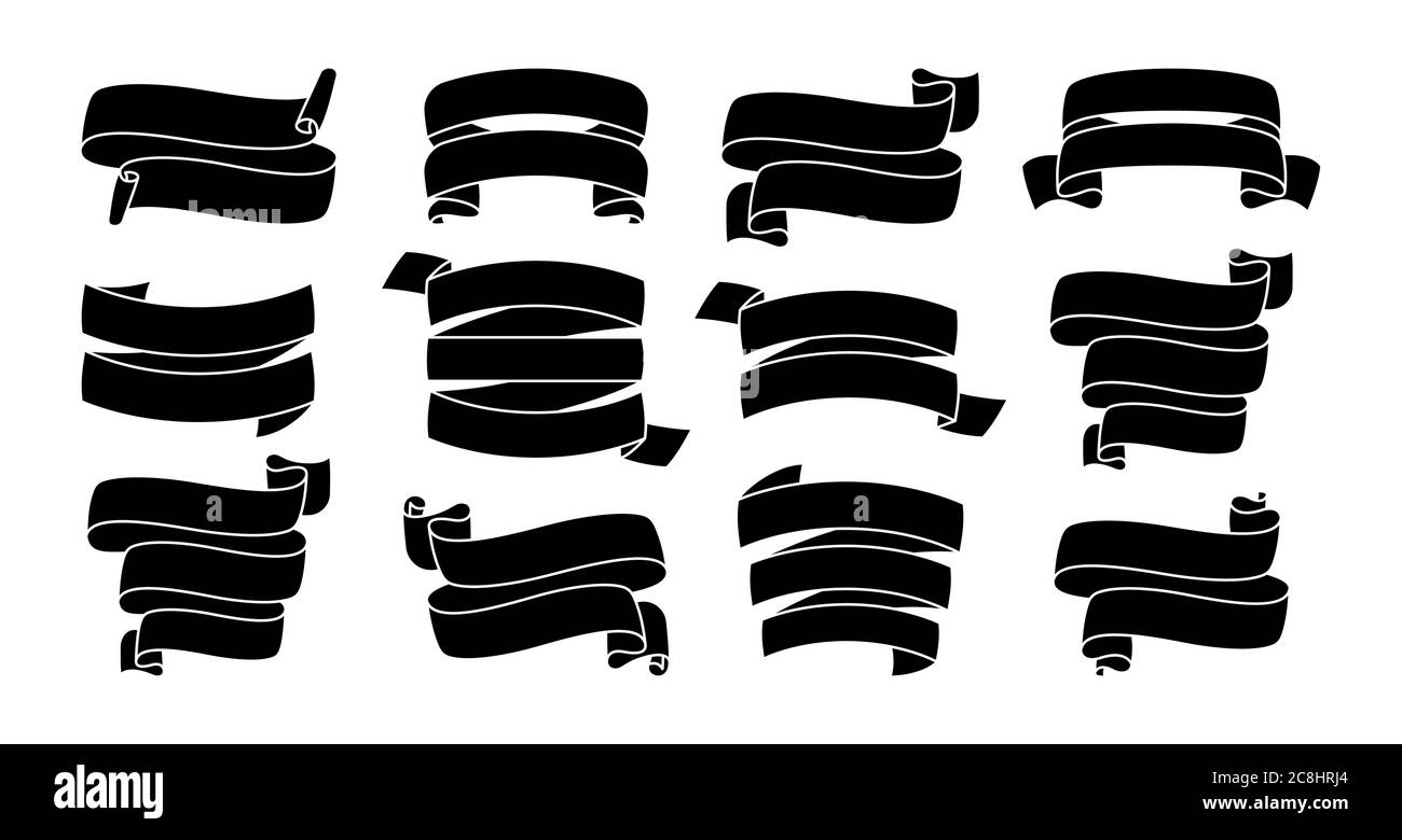 Ensemble de silhouette noir en ruban. Icônes décoratives, collection de glyphes à ruban. Design moderne pour cartes de vœux, bannières invitations, rubans signe. Kit d'icônes Web de bannière de texte. Illustration vectorielle isolée Illustration de Vecteur