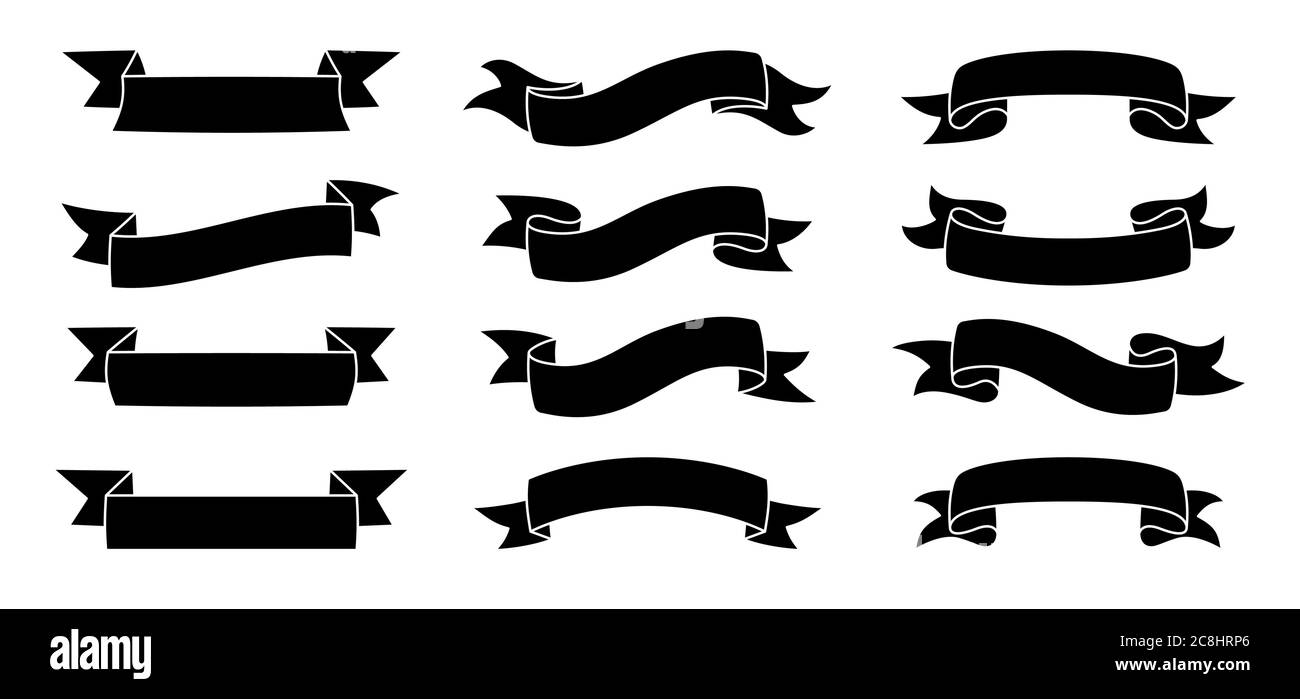 Jeu de rubans. Ruban vierge collection de glyphes noirs, icônes de silhouette décoratives. Motif vintage, style ruban. Kit d'icônes Web de bandes de bannière de texte. Illustration vectorielle isolée Illustration de Vecteur