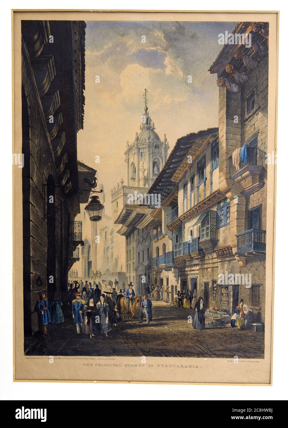 Ancienne gravure ancienne de couleur de la rue principale de Fuenterrabia, Hondarribia, Espagne. Banque D'Images