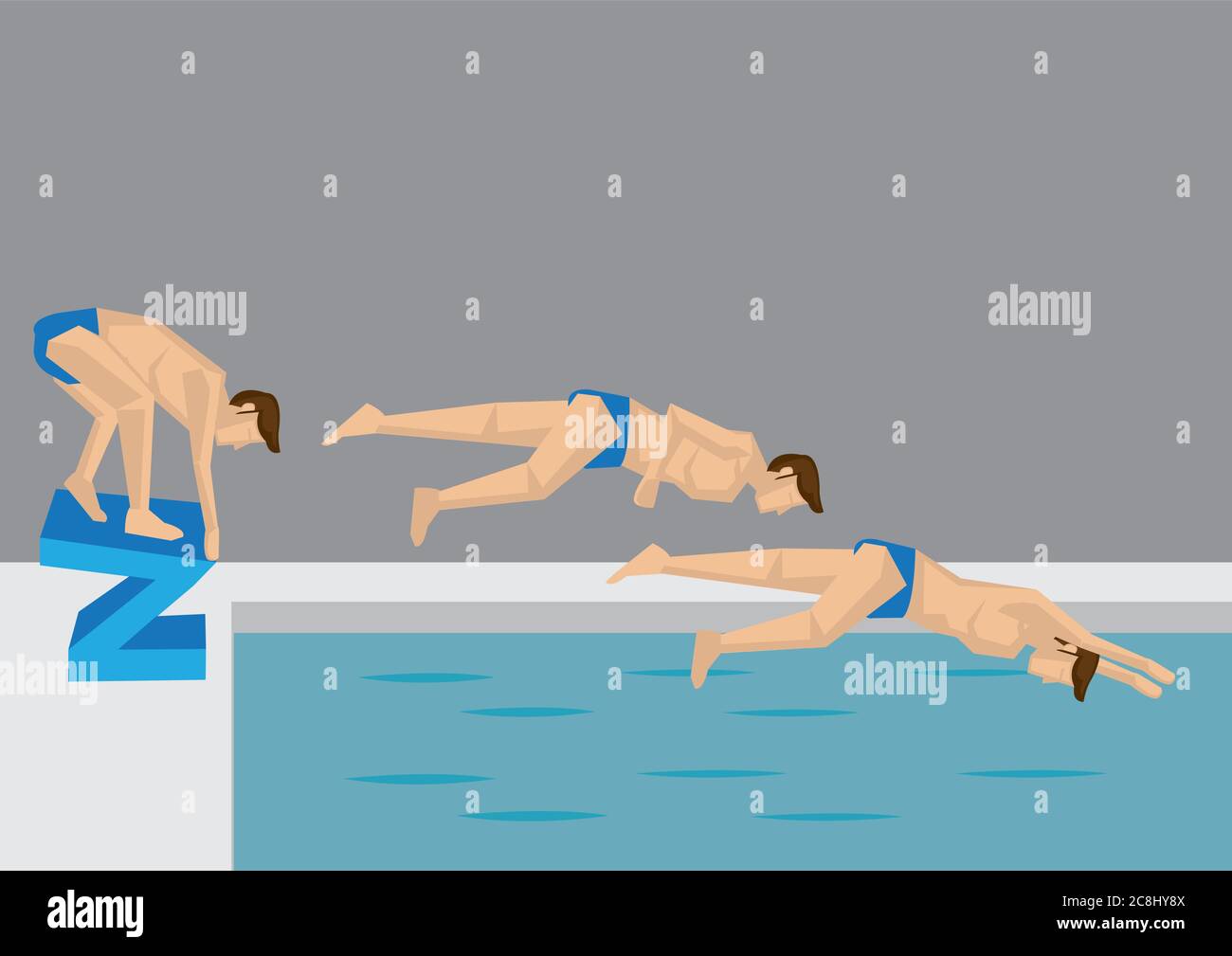 Série de positions d'action prises par un nageur homme sautant dans l'eau dans la piscine. Illustration vectorielle en style dessin animé. Illustration de Vecteur