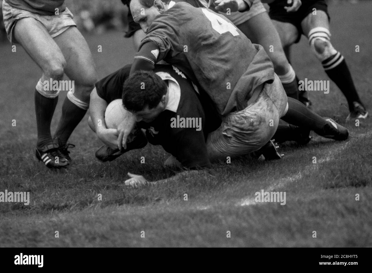 New Zealand All Blacks hooker Sean Fitzpatrick a tenu court par Phil May de Llanelli RFC comme il tente de marquer pour les touristes à Stradey Park, Llanelli le 28 octobre 1989. Banque D'Images