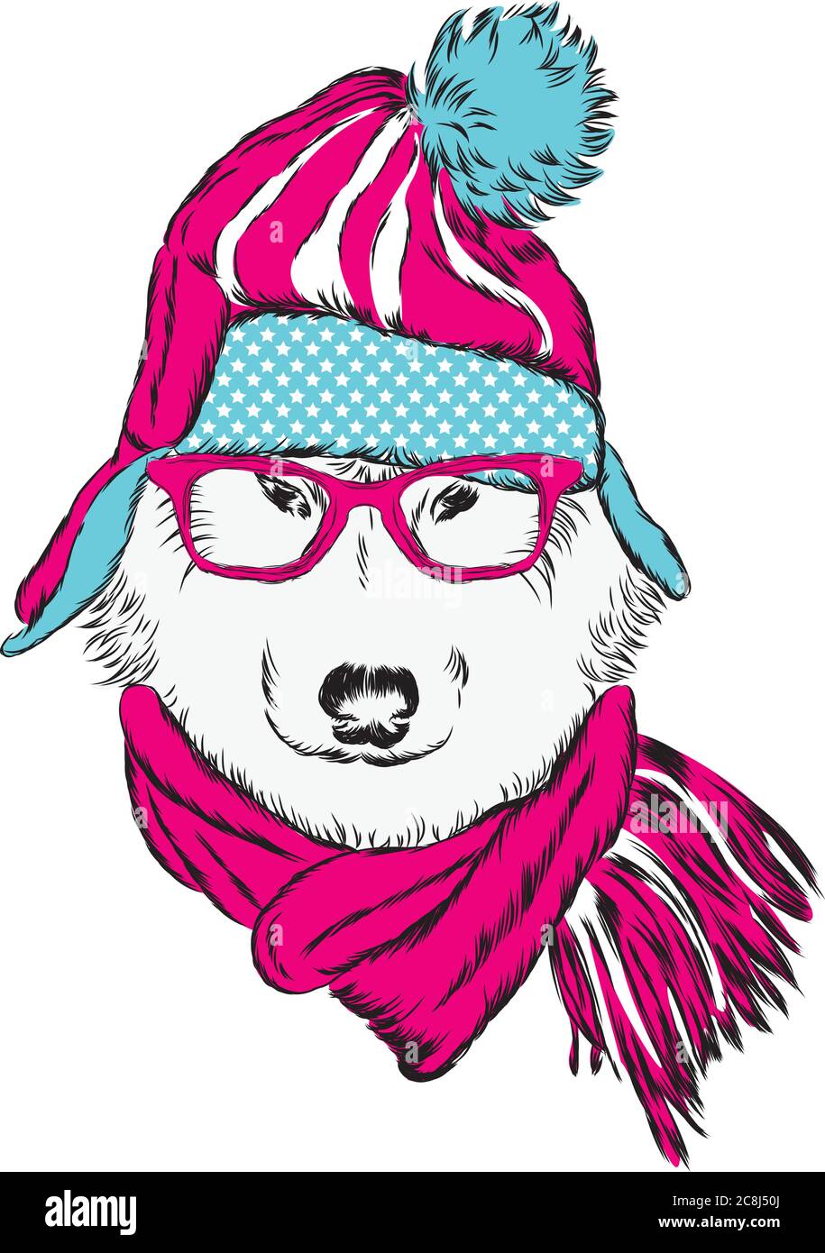 Husky dans un élégant chapeau, écharpe et lunettes. Un chien d'origine en vêtements et accessoires. Mode et style. Illustration vectorielle. Illustration de Vecteur