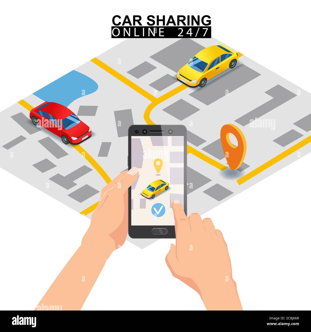 Partage de voiture isométrique. Écran de smartphone avec carte de la ville et indique la position de la voiture. Service de commande d'applications mobiles en ligne. Illustration vectorielle pour Illustration de Vecteur