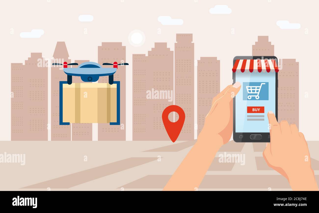 Le concept de livraison du drone vole avec le courrier, la livraison de colis. Une main tient un smartphone. Service de livraison en ligne, suivi Illustration de Vecteur