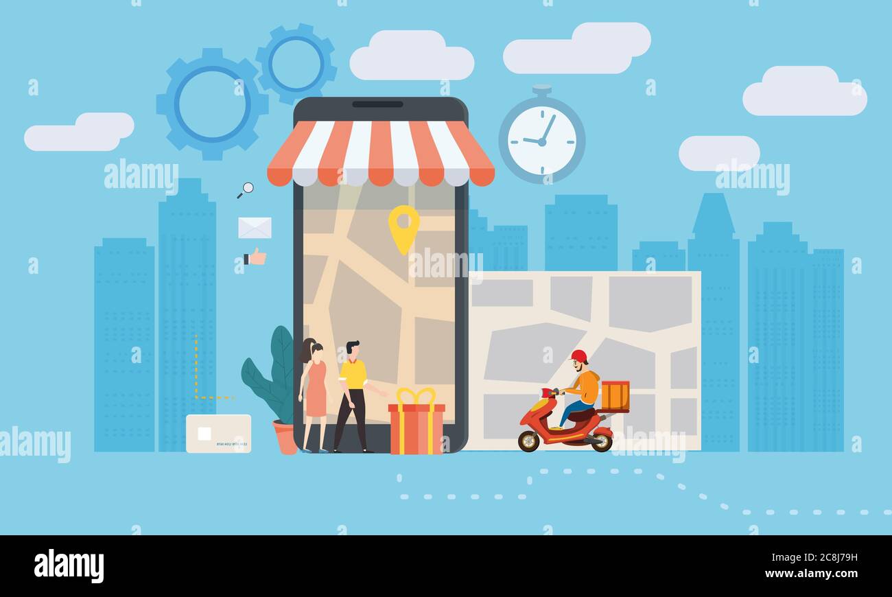 Concept Service de livraison en ligne, suivi en ligne tracker, page d'arrivée. Des gens minuscules, un scooter avec un liveur, un homme et une femme acheteurs, un Illustration de Vecteur