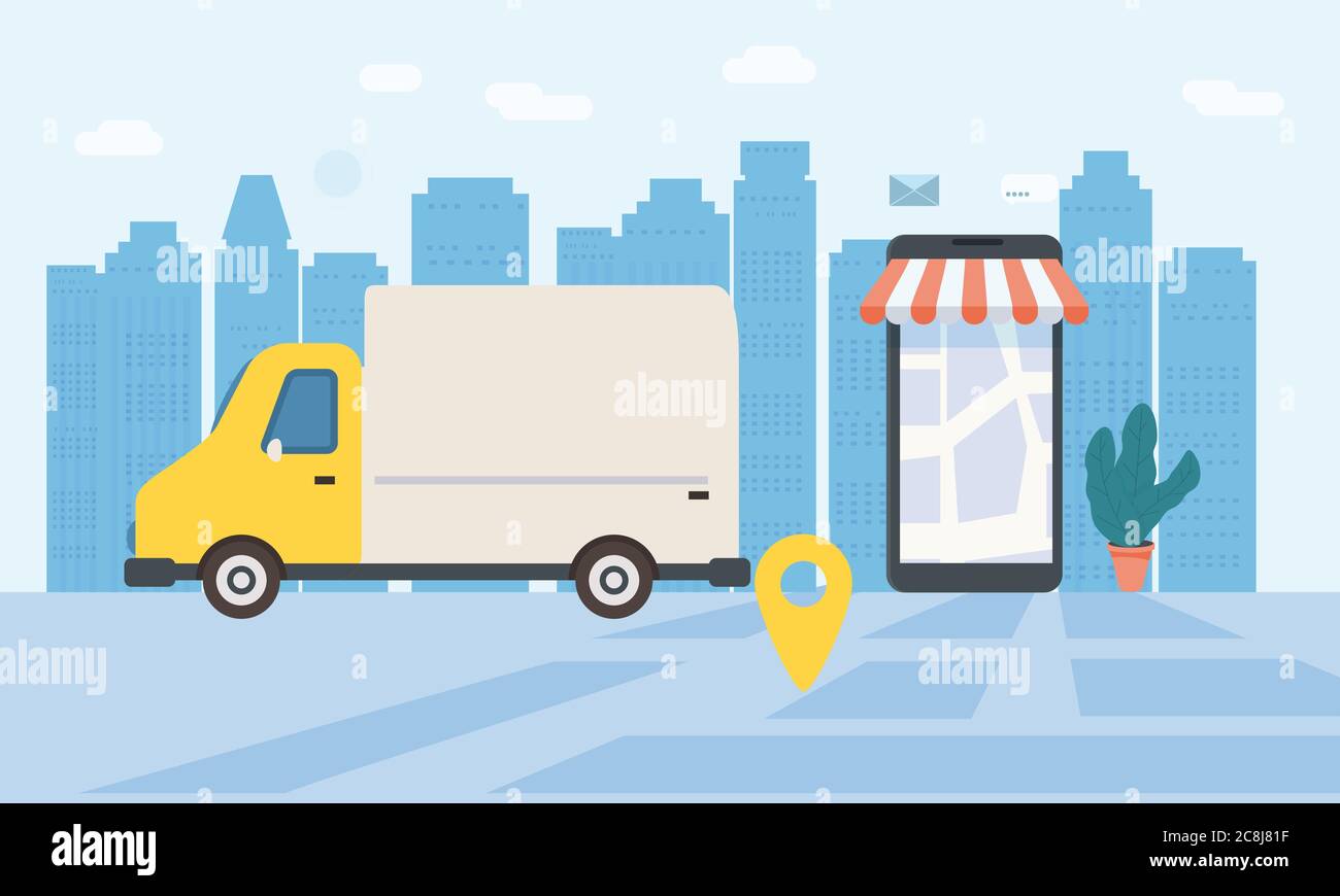 Livraison en ligne de marchandises, suivi en ligne de tracker. Smartphone, camion de livraison de colis, chronomètre. Concept, idée, vecteur, illustration pour les sites Web Illustration de Vecteur