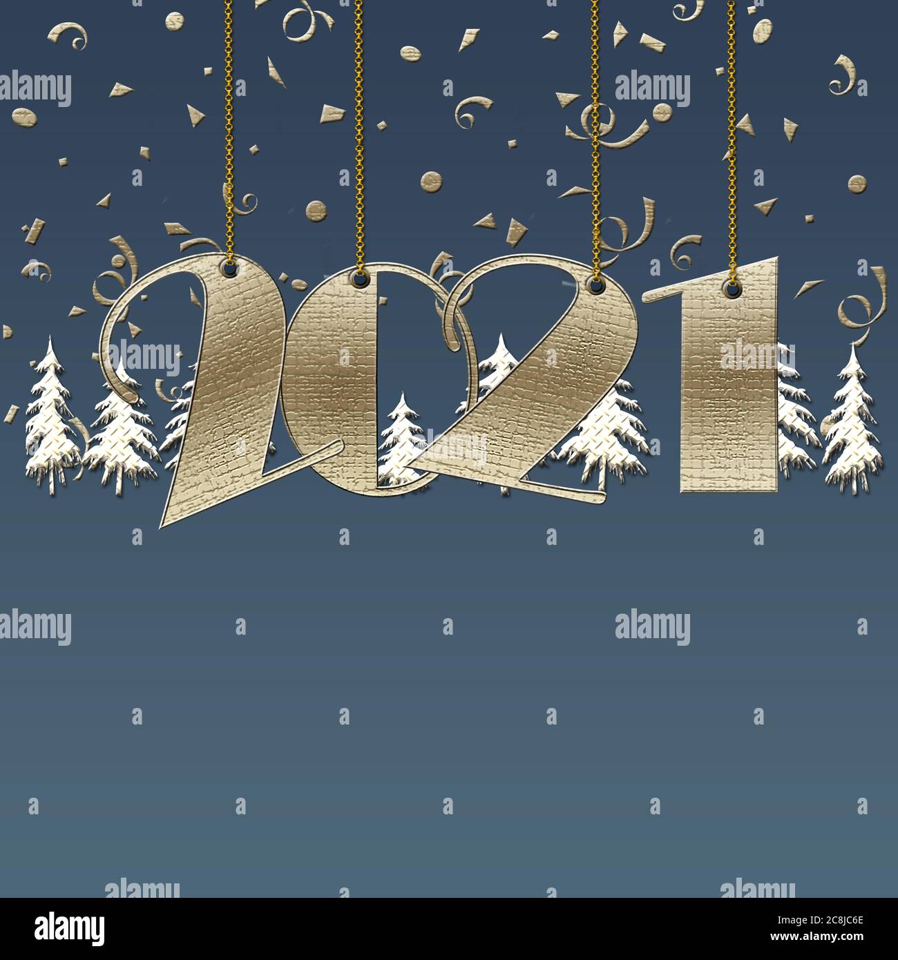 Luxueux Happy New 2021 ans design avec 2021 chiffres suspendus, arbres de noël sur fond bleu. Graphique des vacances d'hiver, emplacement pour le texte, carte de visite Banque D'Images