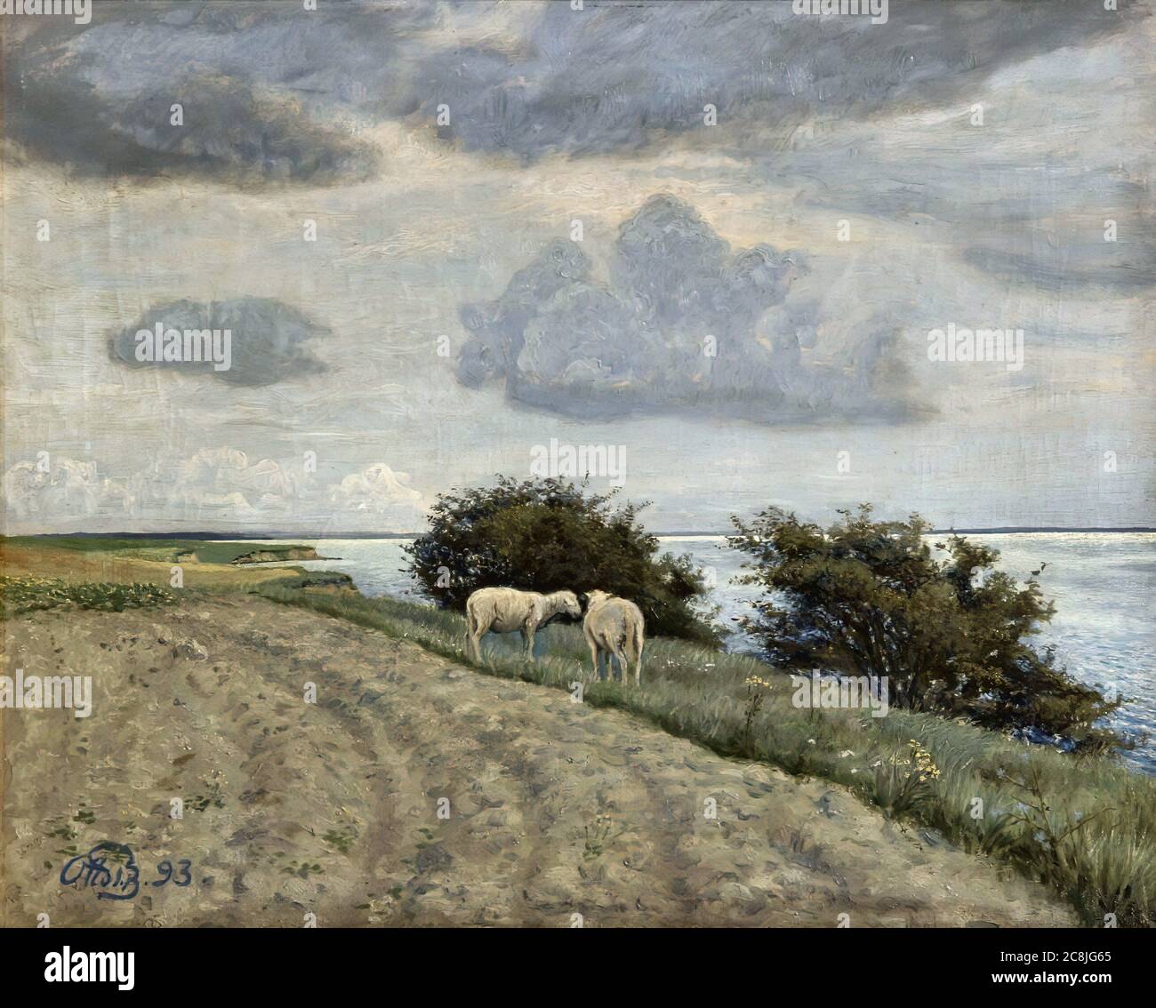 Boule Otto Petersen - pâturage de moutons sur la rive - Ecole danoise - 19e et début du 20e siècle Banque D'Images