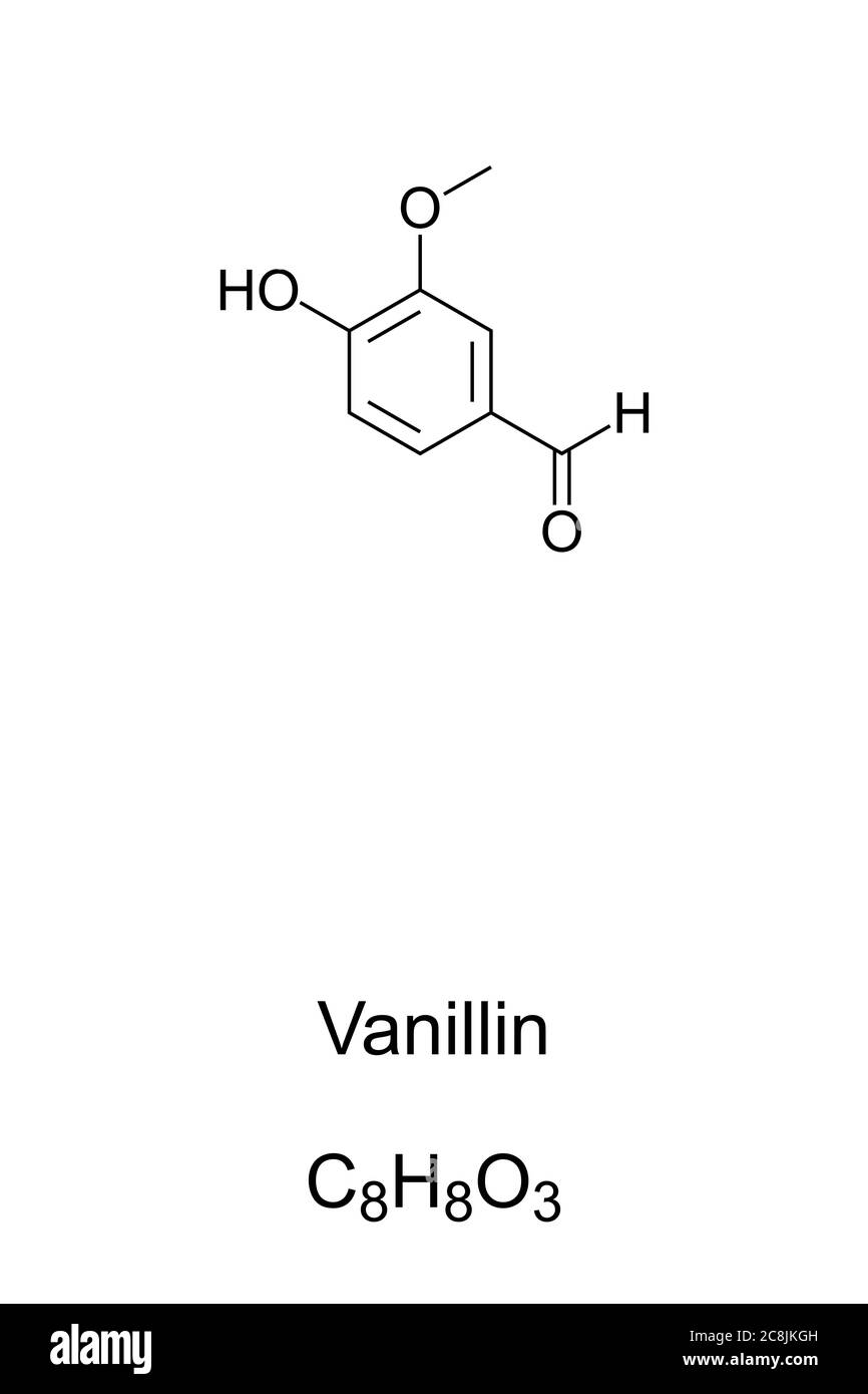Vanilline, structure chimique et formule. Composant primaire de l'extrait de vanille. La vanilline essentiellement synthétique est utilisée comme aromatisant dans les aliments. Banque D'Images