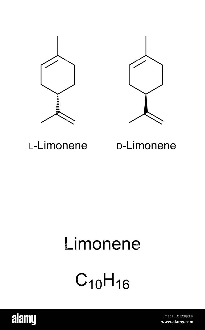 Limonène, structure chimique et formule. Composant principal de l'huile des agrumes peels. Parfum d'huiles d'orange et de menthe. Banque D'Images